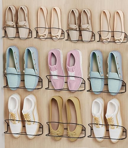 Miniatura 7 de Zapatero montado en la pared, 6 unidades, con tiras adhesivas para colgar, almacenamiento de zapatos de pared de metal, organizador de zapatos