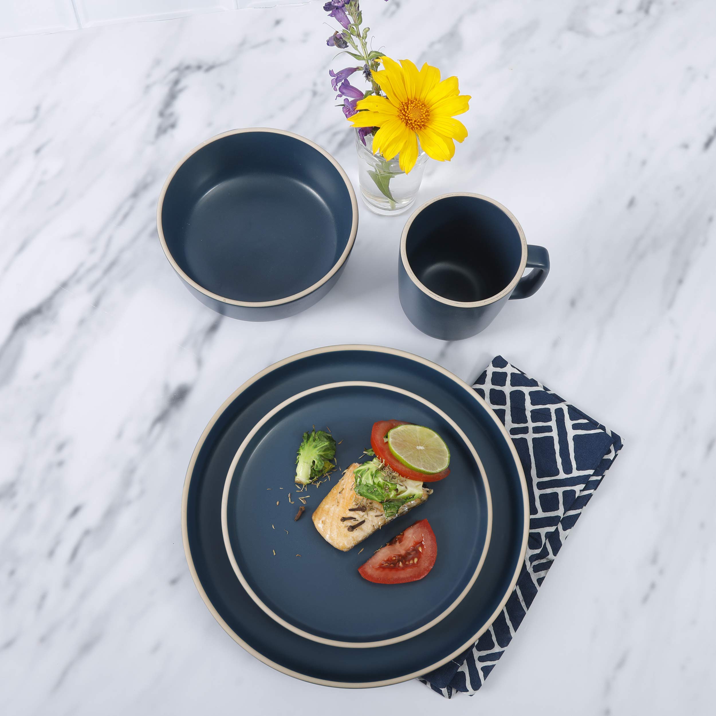 Gibson Home Zuma - Servizio da cucina rotondo, 16 pezzi, piatti, ciotole, tazze, servizio per 4 persone, in gres porcellanato opaco, blu
