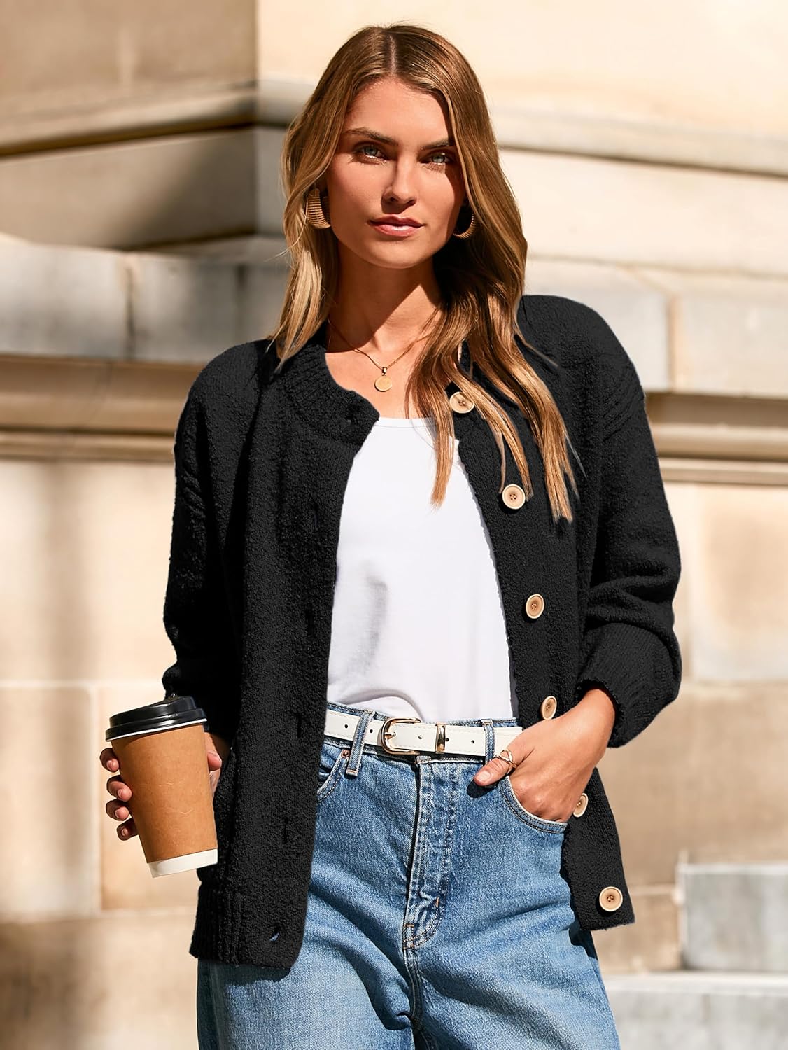 Glamaker Womens Fall Cardigans Sweaters Chunky Button Up Crew Neck Fuzzy Knit Long Sleeve Open Front Sweater Jacket - Image 3