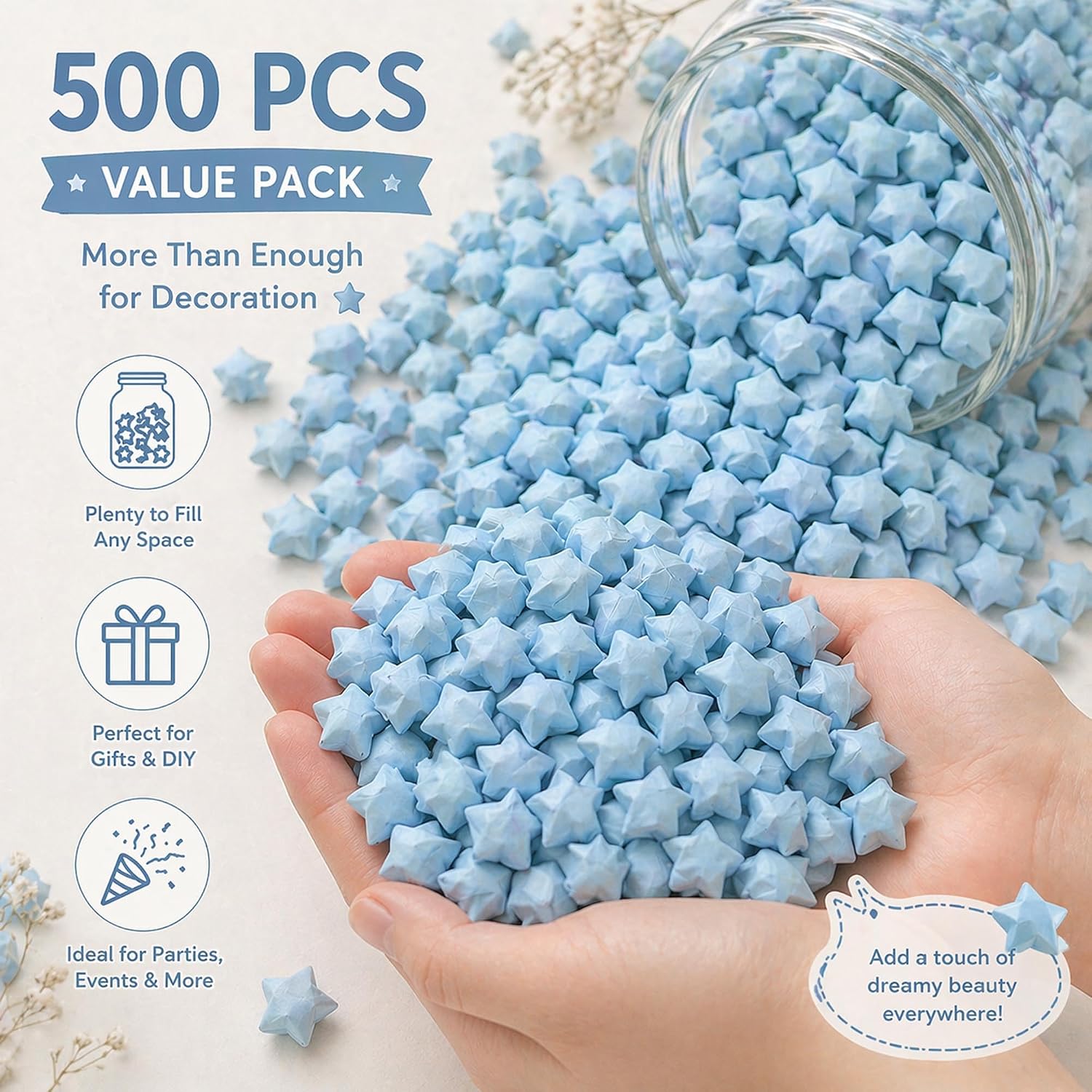 Origami Lucky Stars, 500 Pcs Premade Origami Paper Stars Multicolor Handmade Wishing Stars for DIY Christmas New Year Wedding Valentine's Day Gift (Light Blue, 500)