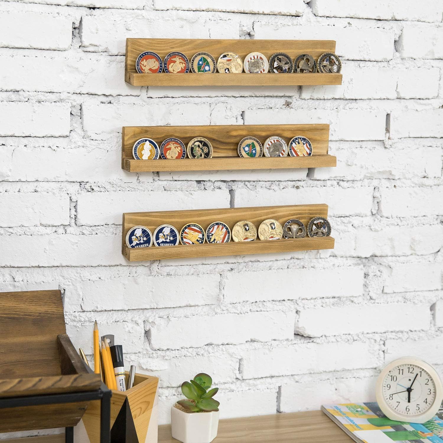 Image Set of 3 wall mounted challenge coin and casino chip display rack with rustic burnt brown wood finish