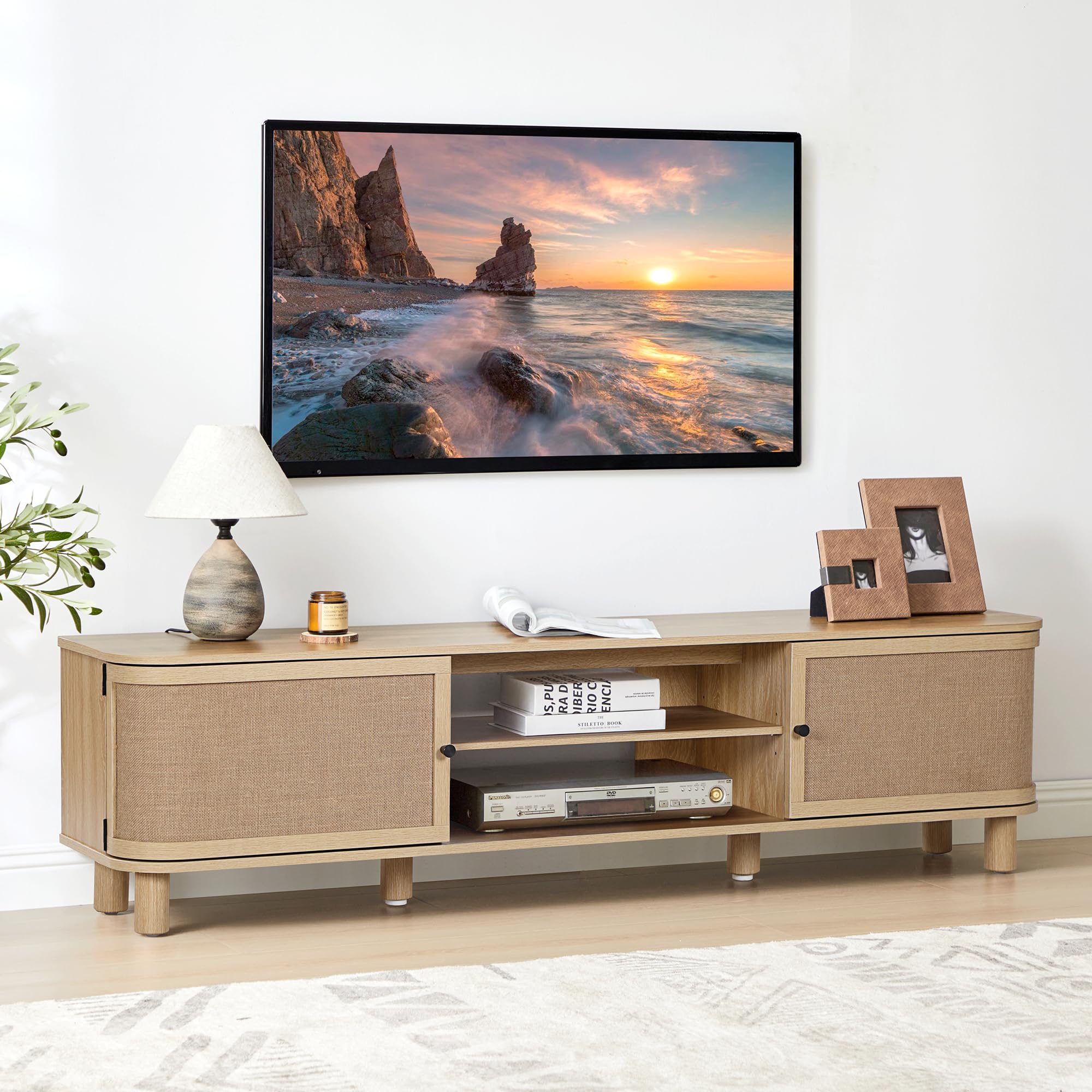 AVZEAR Mid Century Modern TV Stand for TVs Up to 70 Inches, Curved Profile Farmhouse Entertainment Center with Storage & Natural Linen Doors, Large Media Console for Living Room, Bedroom, Natural