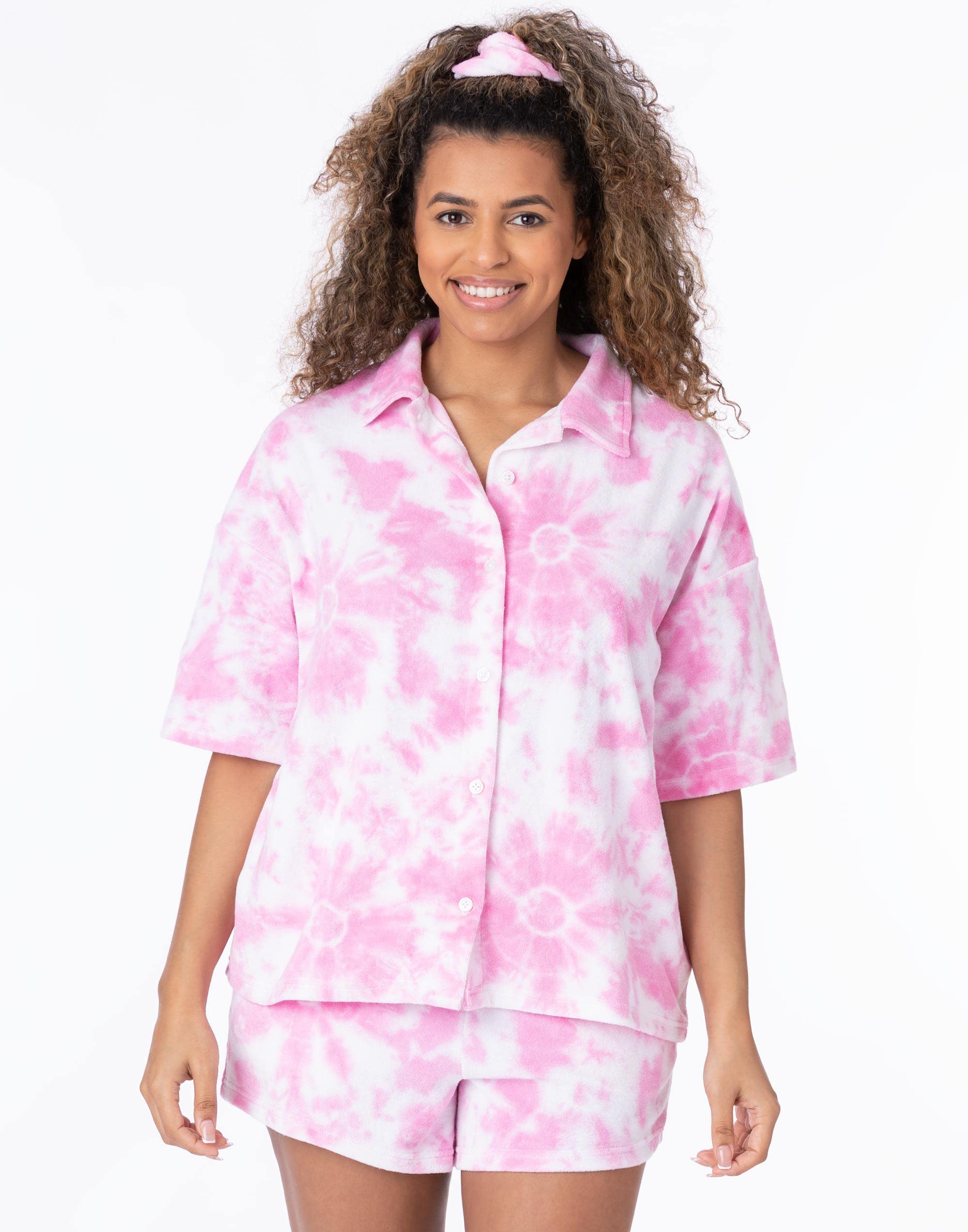 Barbie Damskie 3 sztuki Torubing Co-Ord Beach Cover Up | Różowy kolor batikowy ręcznik T-Shirt Szorty Gumki do włosów Włosy Bobble Logo Moda kąpielowa Merchandise