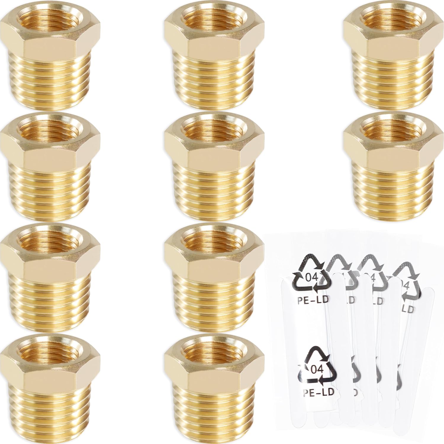 Brass Reducer Hex Bushing Threaded Pipe Fitting 1/4" NPT Male x 1/8" NPT Female Bushing 1/4 to 1/8 Adapter (1/4 NPT Male x 1/8 NPT Female, brass, 10)