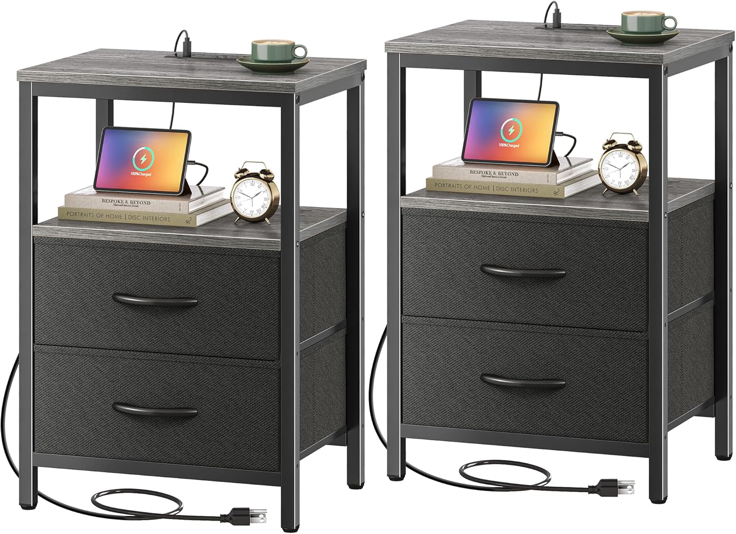 Huuger Nightstands Set of 2, End Tables with Charging Station, Side Tables with Fabric Drawers, Bedside Tables with USB Ports and Outlets, Night Stands for Bedroom, Charcoal Gray 11.8"D x 15.7"W x 23.6"H (2 Drawers) Charcoal Gray and Black 2