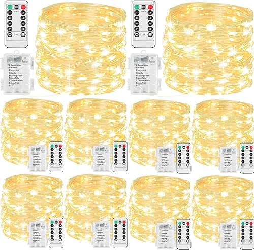 Beieverluck Paquete de 10 de 33 pies, 100 luces LED de hadas a pilas, luces de hadas con control remoto y temporizador, luces de cadena impermeables