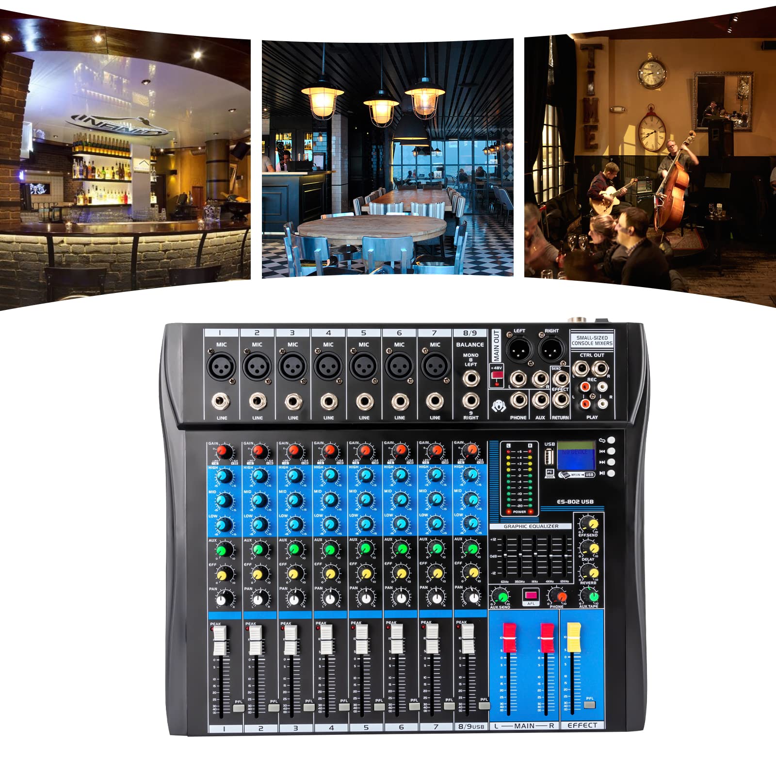 Professionelle 8 Kanal Stereo Sound Mischkonsole, Mischpult mit USB Bluetooth DJ Live Audio Mixer mit LCD-Anzeige mit Hall-Delay-Effekt für Heim-KTV, Aufnahmestudios, Live-Streaming, 48V Phantom Power
