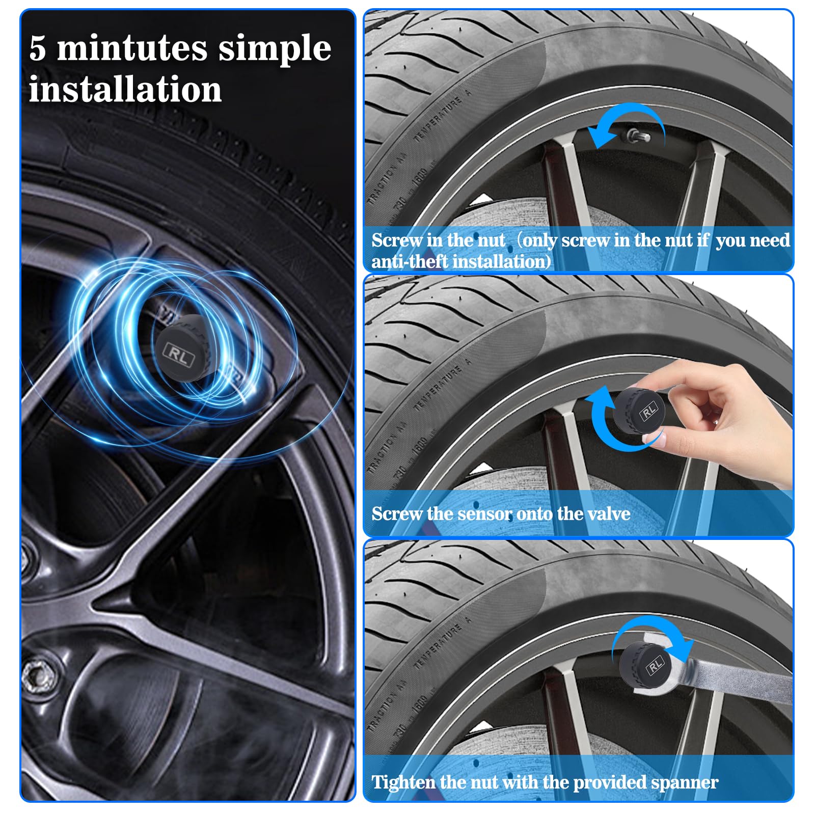 Geloo Solar TPMS Sistema de Monitoreo Control de Presión de Neumáticos con 4 Sensores,5 Modos de Alarma,5 Bar para Caravana Sedán SUV Coche