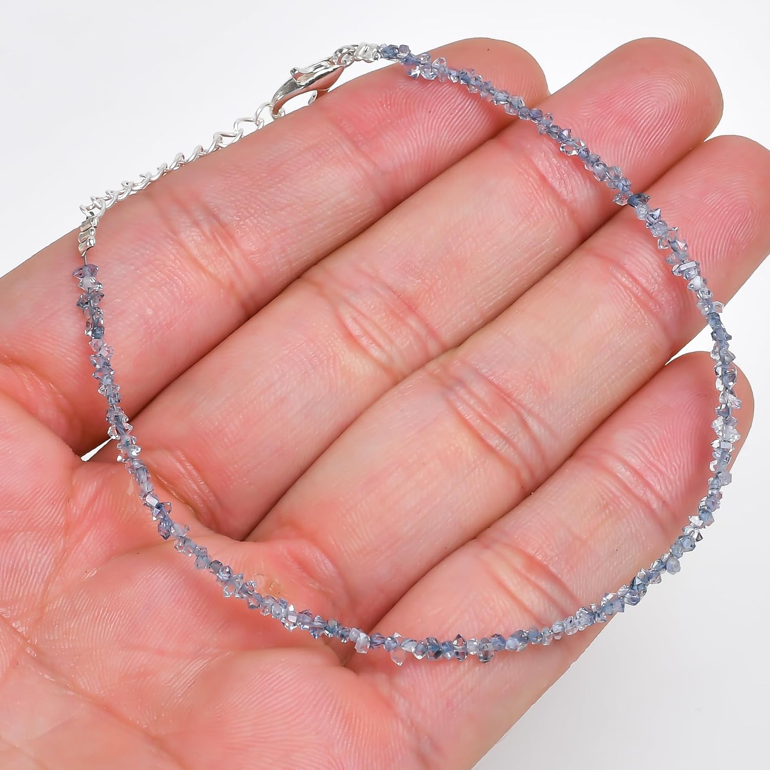 Natural Blue Herkimer Diamond Quartz Crystal Bracelet Women Jewellery, Raw Chips Nuggets Beaded Bracelets, Bracelet, Special Event Jewellery, Silver Plated 8 inch Bracelets - Image 3