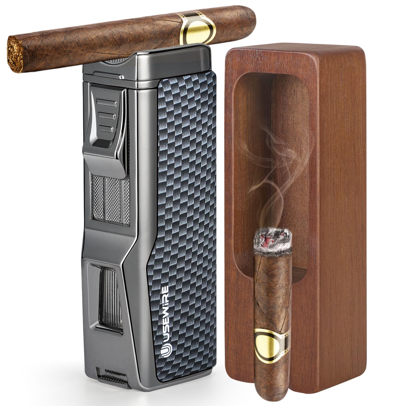 Amazon.com: USEWIRE Cigar Lighter and Ashtray Set, Quad Windproof Jet  Flame, with Cigar Holder and Cigar Punch, Refillable Butane Gas Lighter,  Multifunctional Cigar Accessories Gift Set : Health & Household
