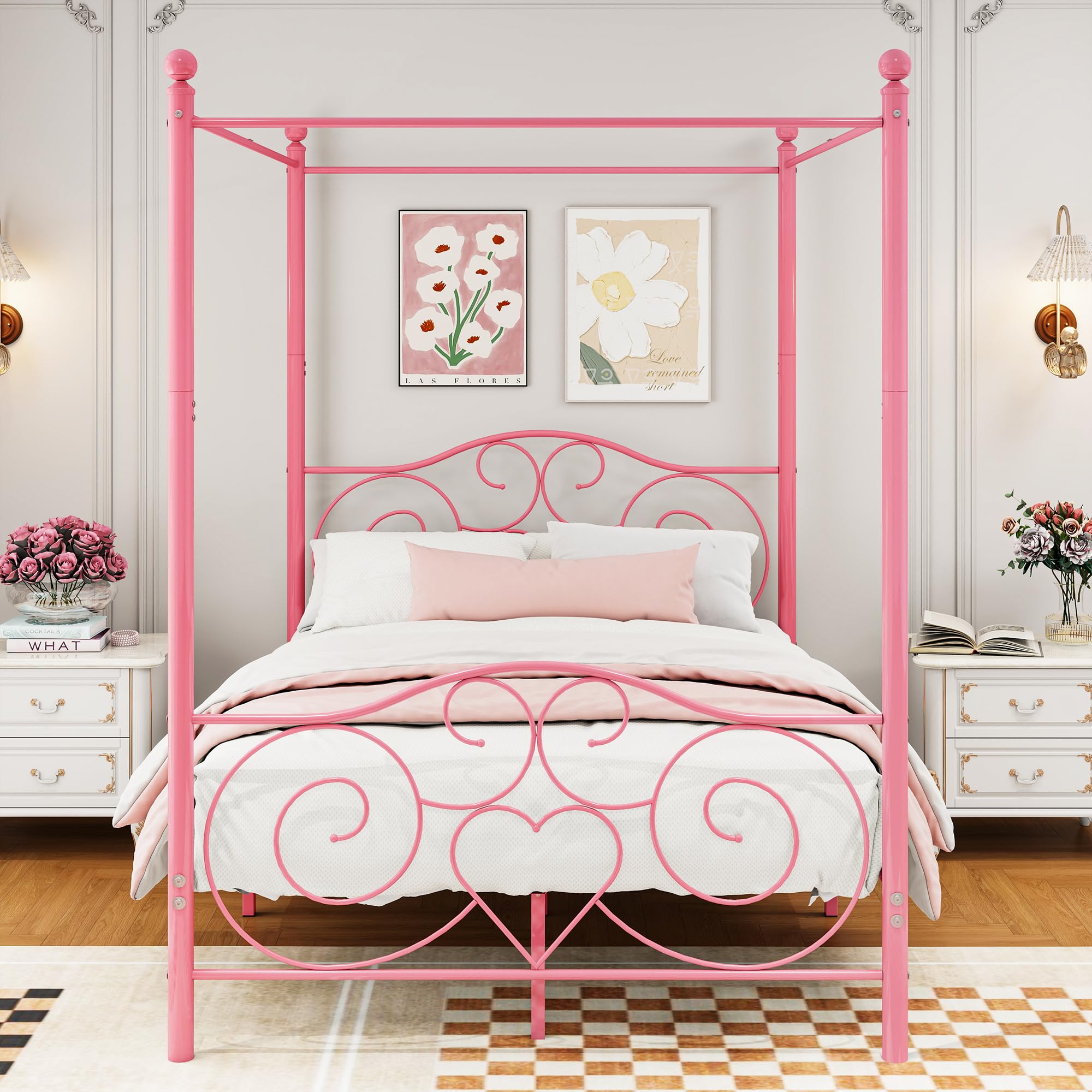 Marco de cama con dosel 140 x 200 cm, metal resistente, listones y soportes de acero, sin muelles, color rosa
