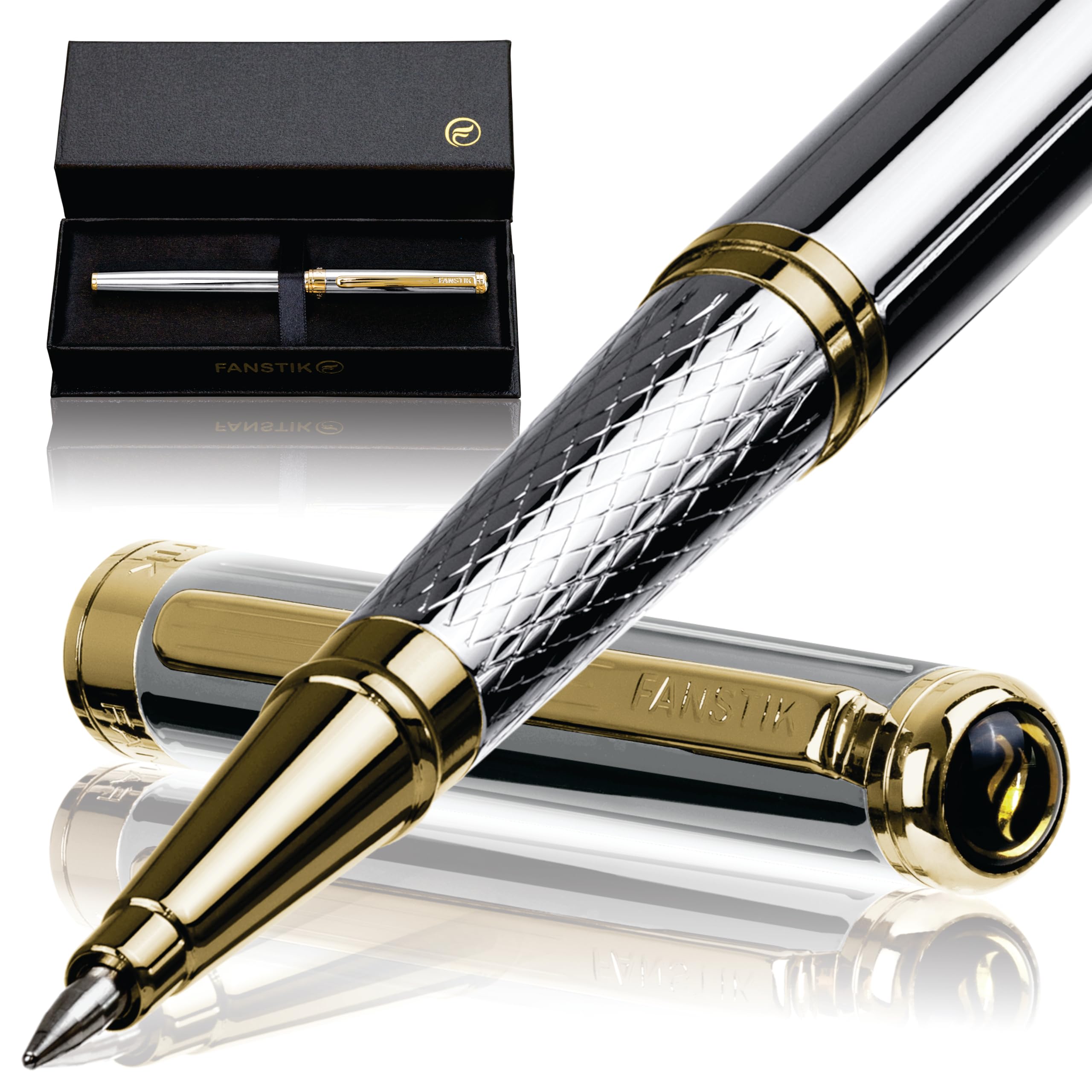 FANSTIK Silver&Gold Luxury Rollerball pen, fancy gift set for women, Real 24K Gold Plating, Professional executive pen gift set for men (Lux