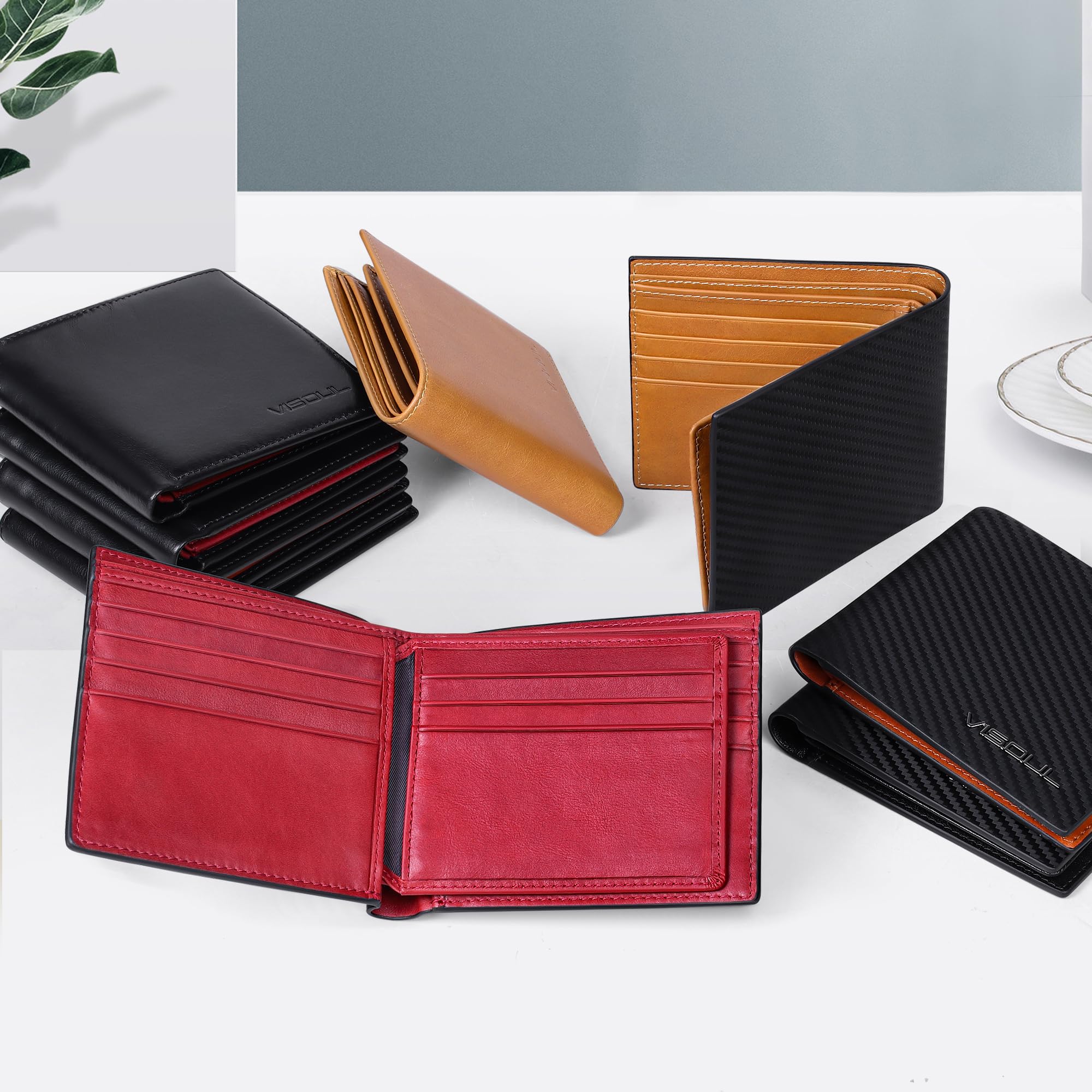 VISOUL Hombre de Fibra de Carbono de Cuero Billeteras Bifold con Bloqueo RFID, Cuero Genuino Cartera con 1 Ventana de ID, 2 Bolsillos para Billetes y 14 Ranuras para Tarjetas(Carbono Negro+Rojo)