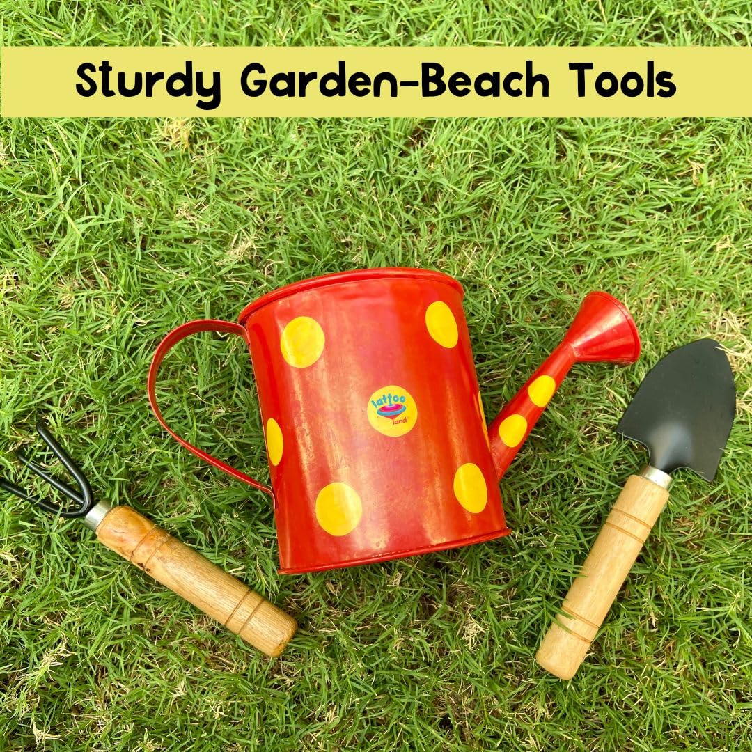 Lattooland Gardening Tools for Kids | 2 Wooden Tools | 1 Child-Size Metal Water Sprinkler Can | Fun Gardening Toys | Outdoor Learning | Beach Toys | Birthday Return Gifts for Children | Play Sets - Image 5 thumbnail