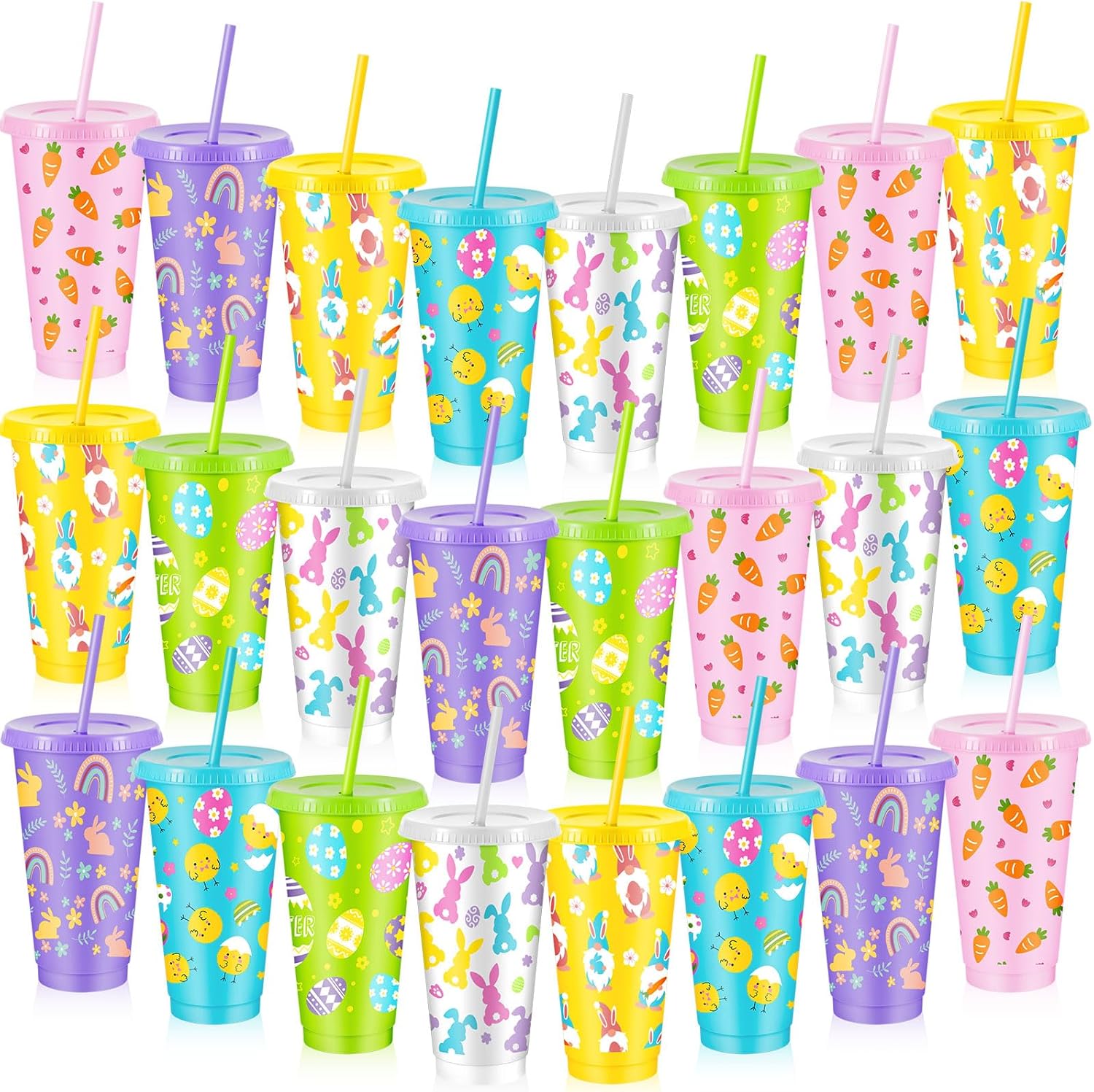 Uiifan 24 Pcs Easter Cups Bulk Plastic Bunny Tumbler with Lid and Straw 24 oz Reusable Easter Cups for Party Supplies Decoration(Vibrant)