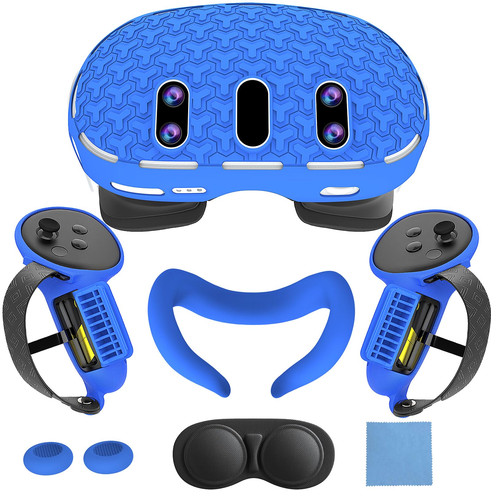 MTomatoVR Protective Accessory Set for Meta Quest 3, Hard Shell Skin, Face & Lens Cover, 2 Controller Grips + Button Caps Set, Blue