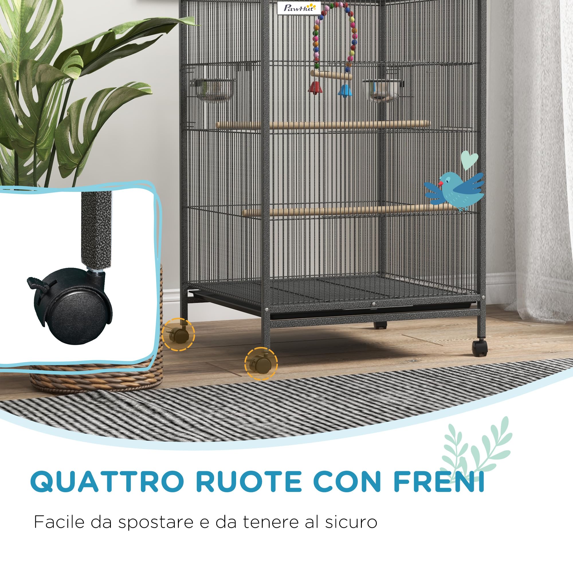 PawHut Gabbia per Uccelli in Acciaio e Plastica PP con 5 Porte, 2 Posatoi, Altalena e Vassoio Estraibile, 48x46x78 cm, Grigio