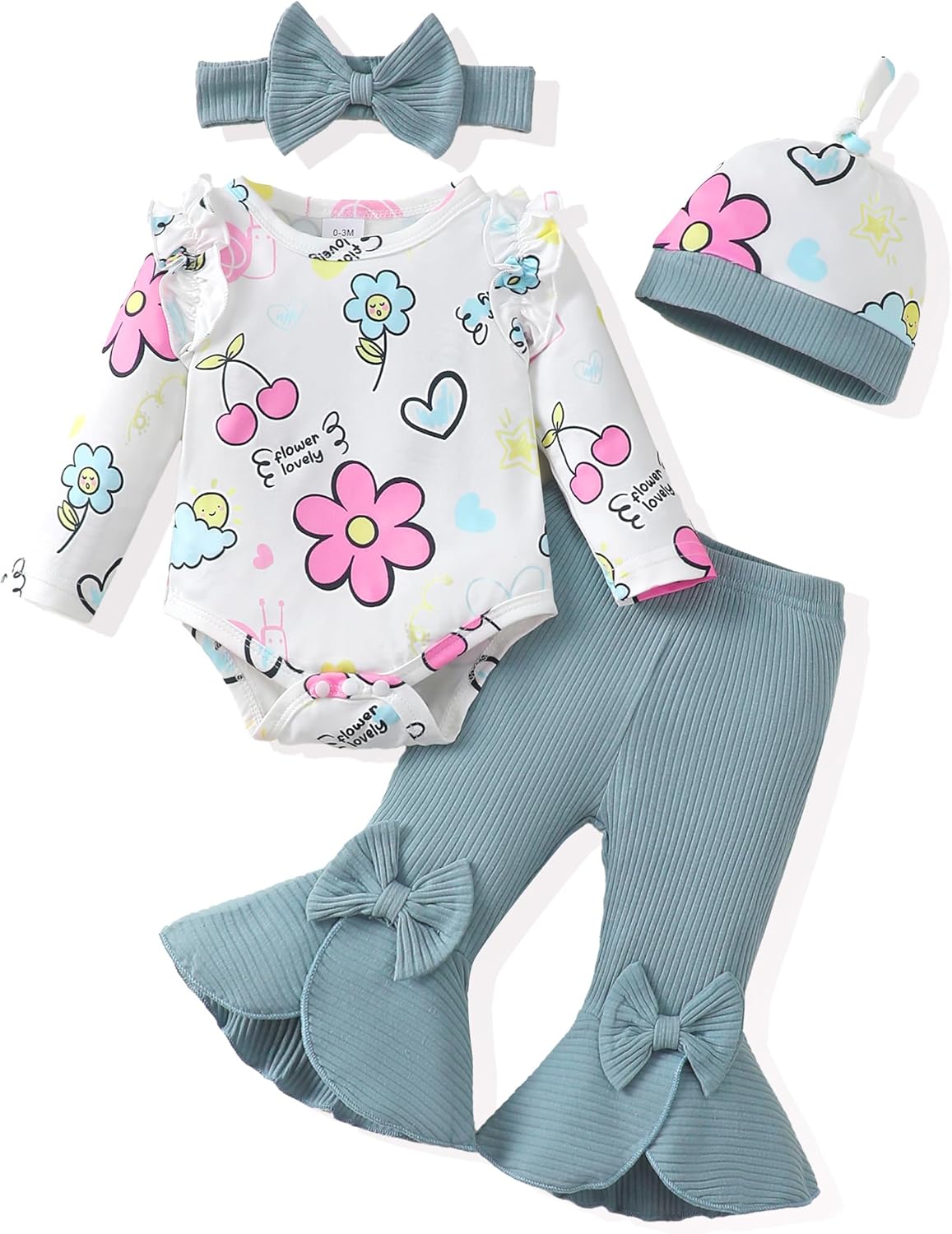 Newborn Baby Girl Clothes Infant Outfits Clothing Ruffle Romper Bell Bottoms Flared Pants Outfit Sets for Baby Girls
