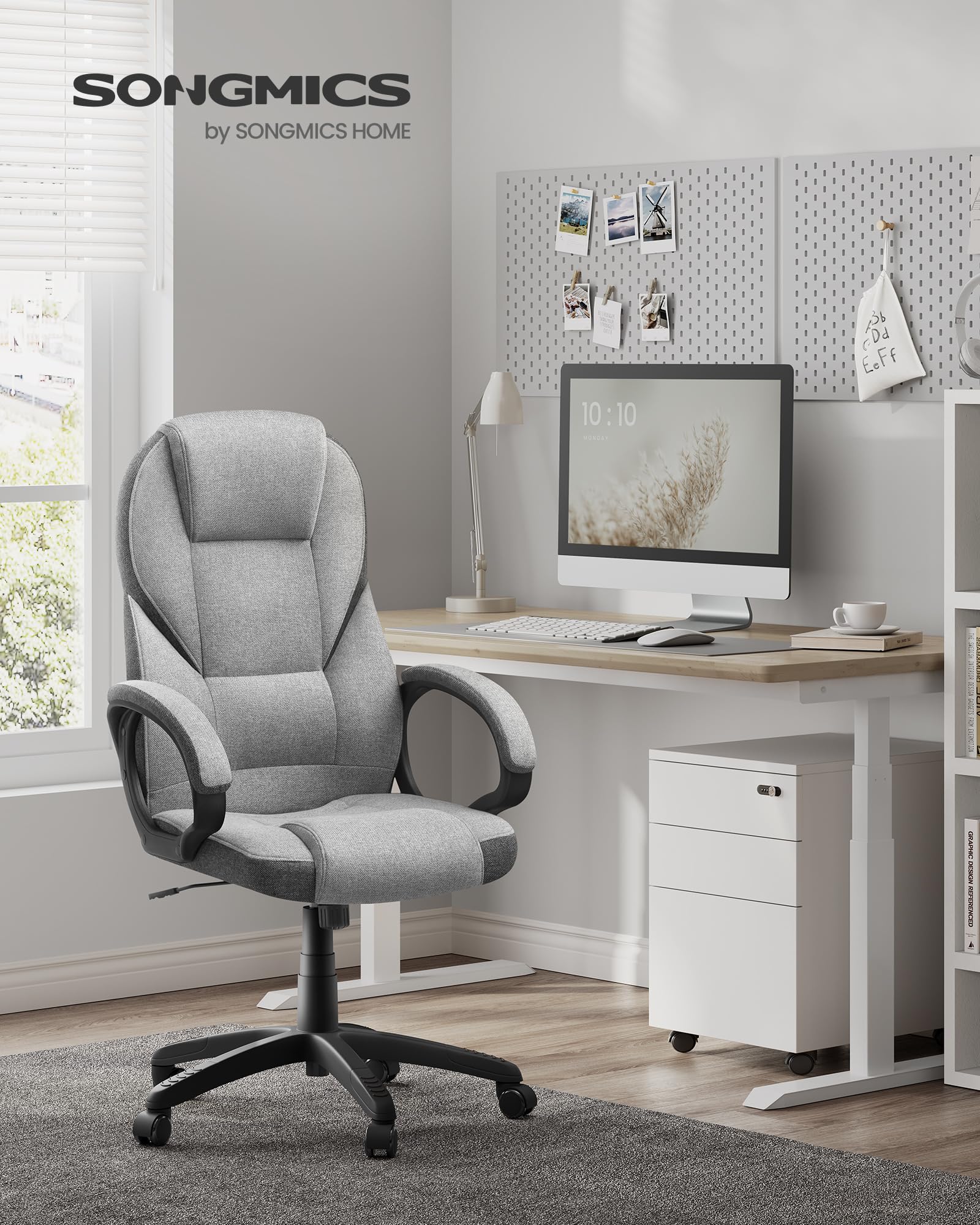SONGMICS Ergonomica, Poltrona Direzionale, Sedia Girevole e Altezza Regolabile, da Scrivania in Studio e Ufficio, con Rotelle, Grigio Tortora OBG022G01, 7370(112-122) cm