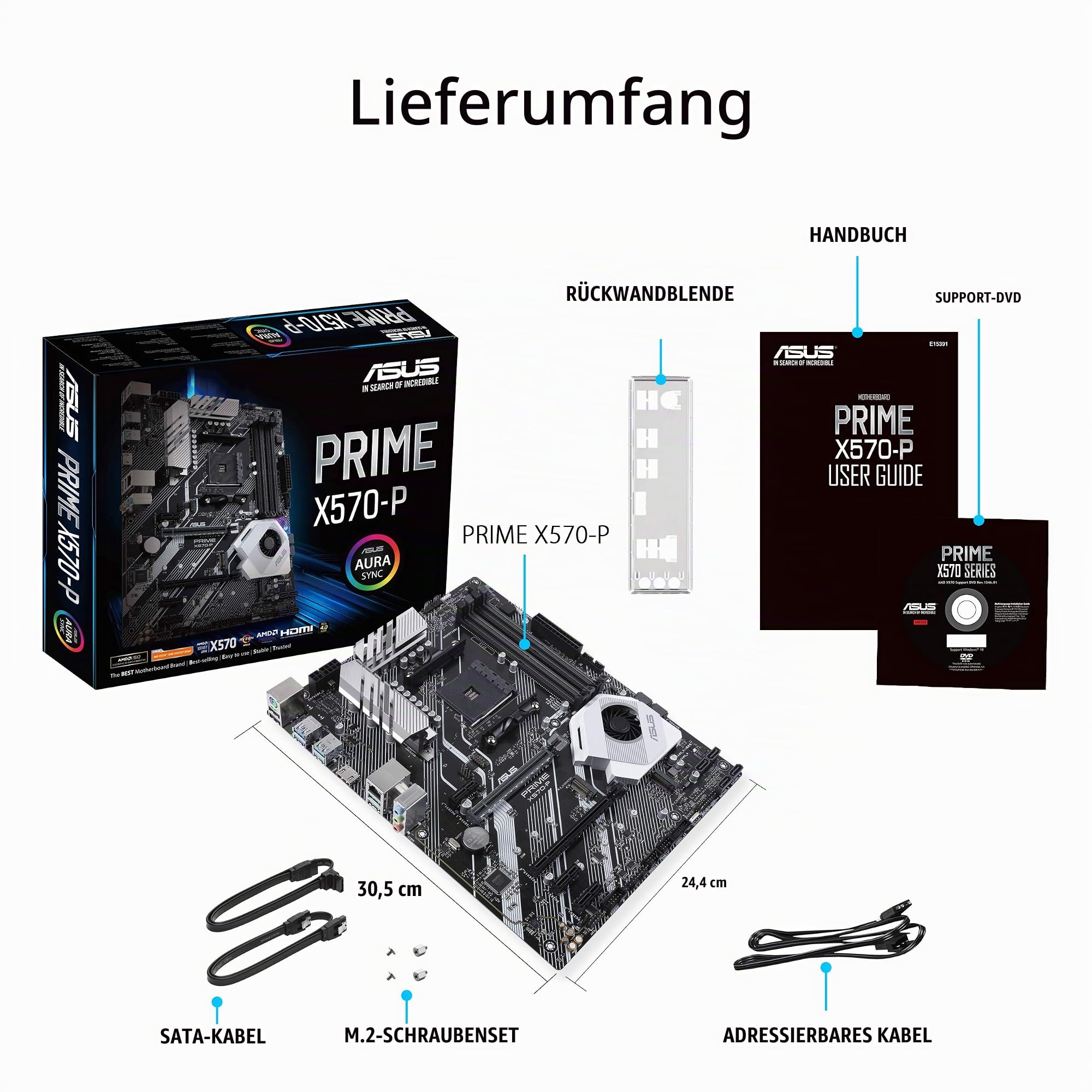 ASUS Prime X570-P Mainboard Sockel AM4 (Ryzen 3000 kompatibel, ATX-, PCIe 4.0, DDR4, USB 3.2, Aura Sync