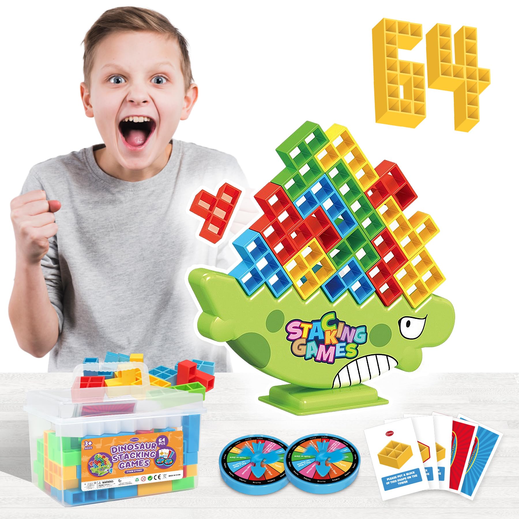 iYuePeng 64Pcs Dinosaur Stack Attack Building Balance Game, Swing Stack Board Game with Cards and Punish Spin Wheel, Drop the Pile of Blocks Toys for Kids & Adult - Family Party Games