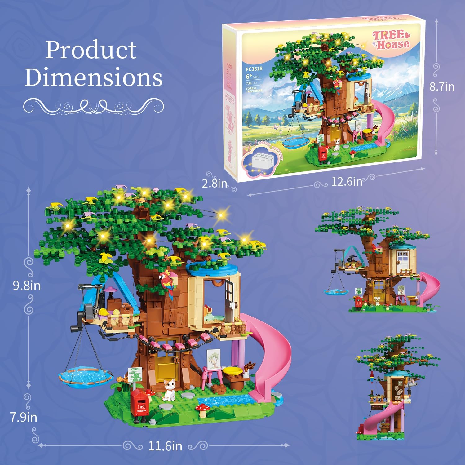 Treehouse Girls Forest Building Set 731PCS Compatible with Lego Friends, Fun Tree House Building blocks Kit Toys with Cat, Slide and Sky Hammock, Christmas Birthday Gifts for Kids Girls 6-12 Years Old