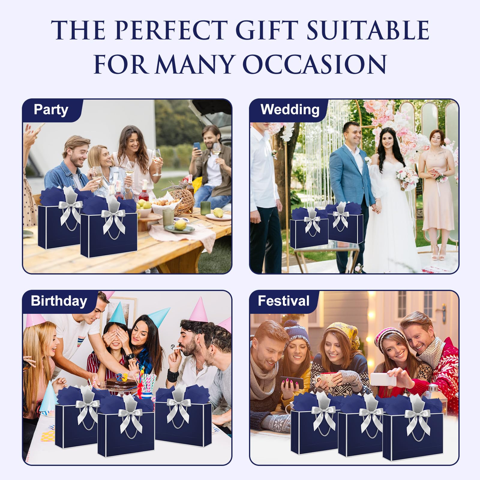 Ethhqu Fancy Large Gift Bags with Handles, 2 Pack 12.6x10x4 Inches - Includes Tissue Paper & Cards for Birthday, Valentine's Day, Baby Shower, Wedding, Anniversary & Holiday Gifts (Blue and Silver)