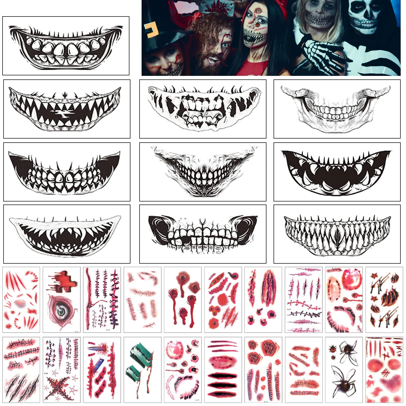 15er Pack Grusel-Gesichtstattoos Für Halloween – Wunden, Narben, Zombie & Vampir-Look