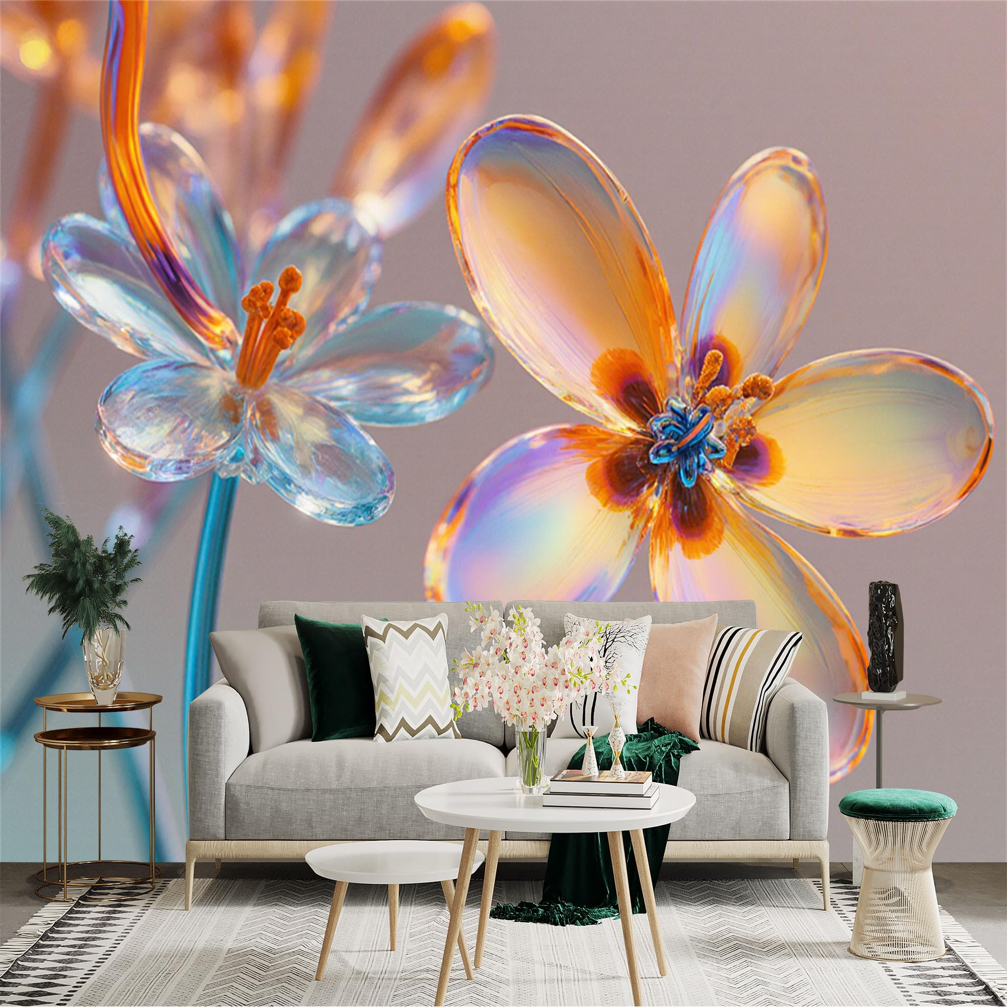 Custom Size Wall Sticker Mural， Iridescent Transparent Flowers， Glowing Crystal Petals， Abstract Botanical Art， for wall Decoration， peelandstick wall Decals.