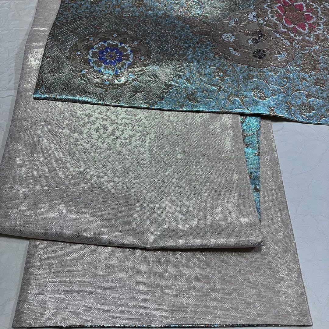 青系 花柄 袋帯 絹製 両面 ゴールド 金