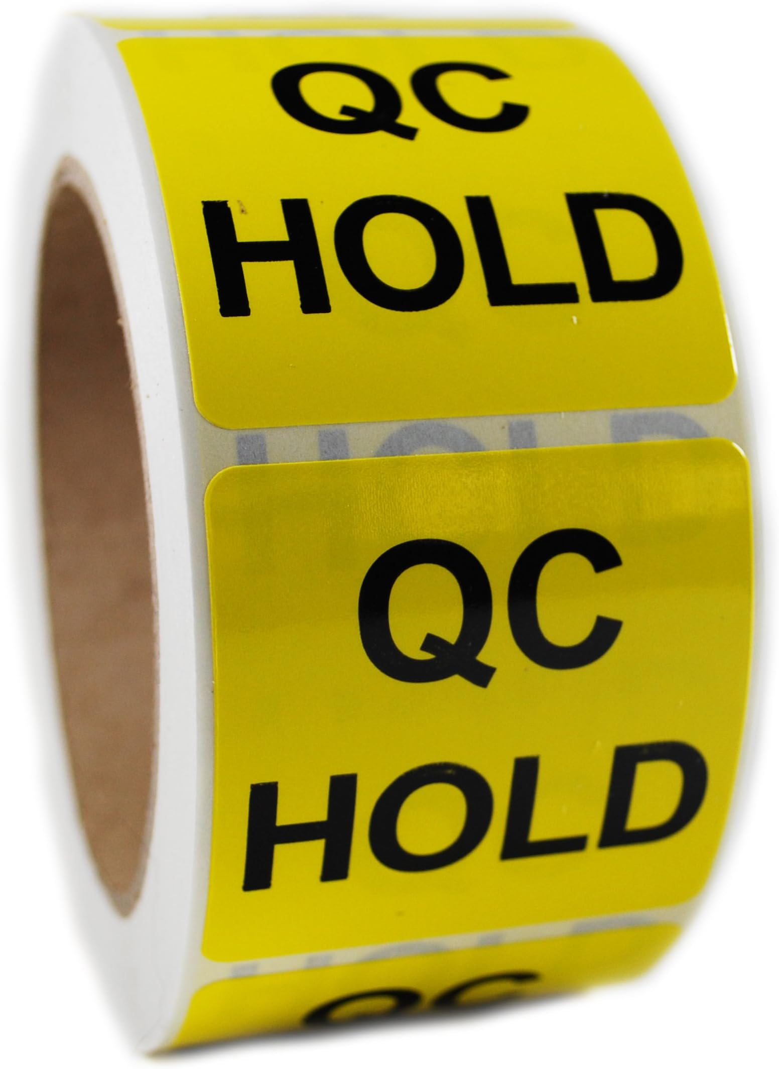 Glossy Yellow "QC Hold" Sticker Label - 2" by 2" - 500 ct