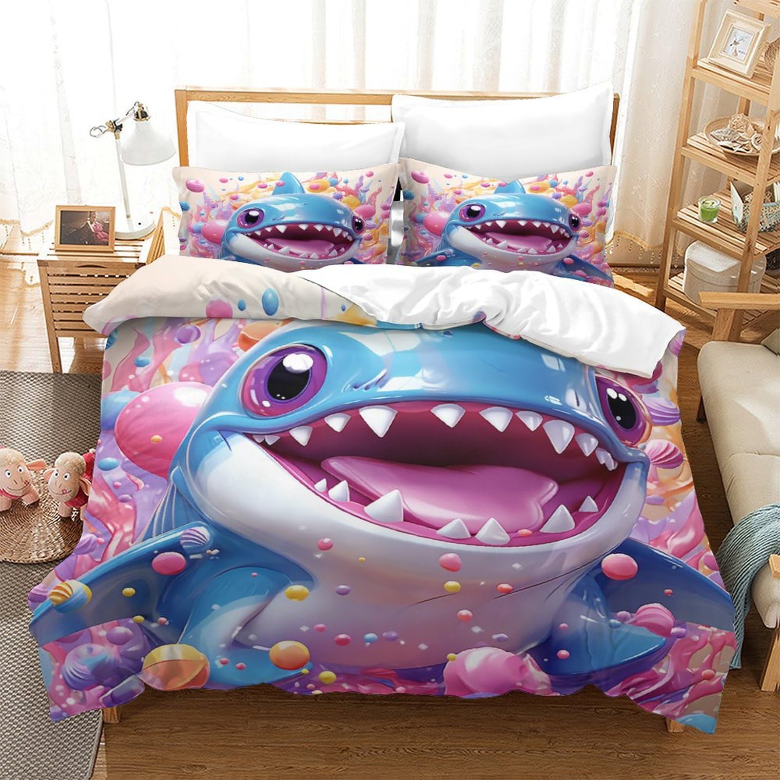 Housse de couette requin 140x200 cm avec taie d'oreiller pour lit enfant