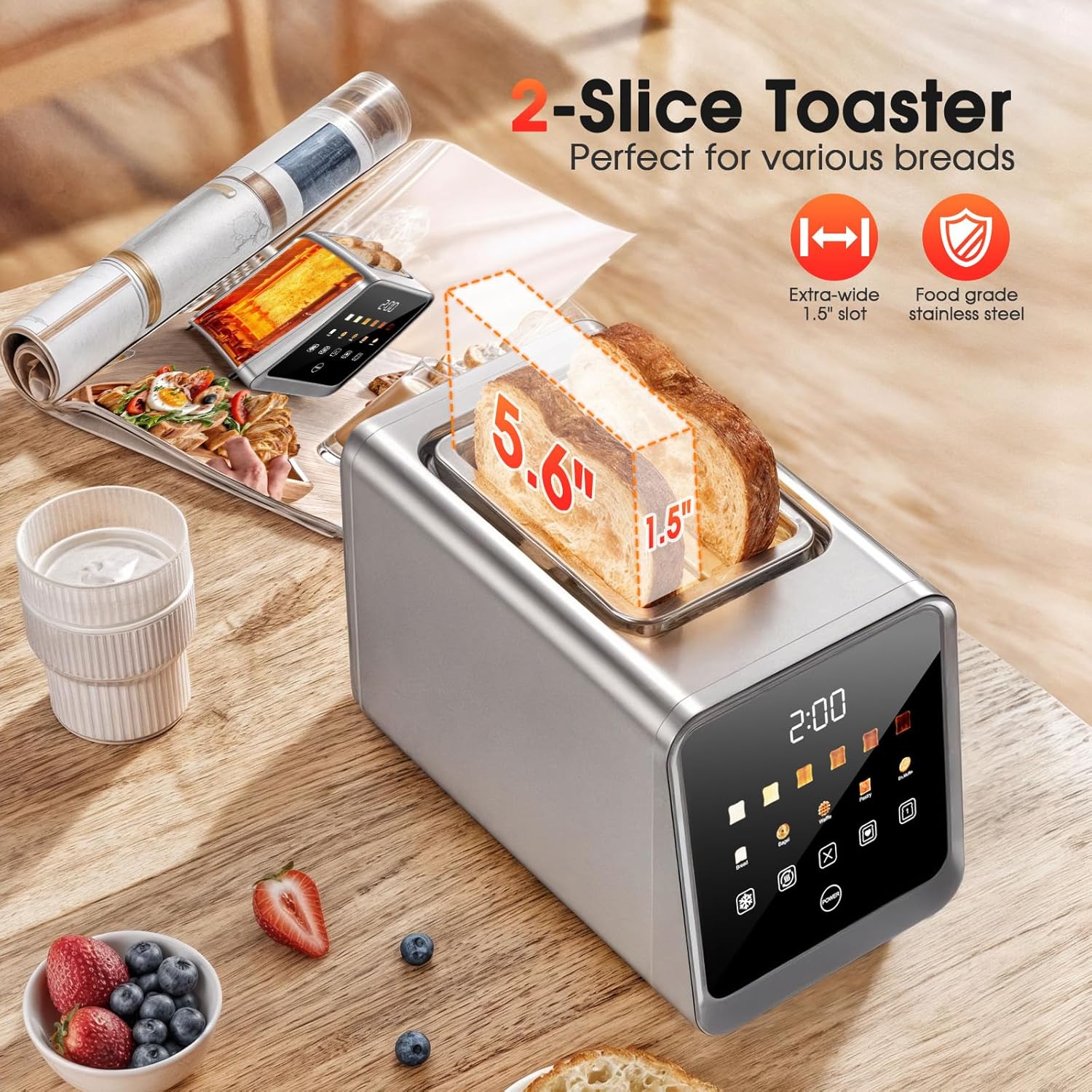 Touch Screen Toaster 2 Slice, Stainless Steel Smart Digital Toasters with Single Slot Toasting, Memory Function, 5 Bread Types & 6 Shade Settings, 1.5" Toasters 2 Slice Wide Slot, 900W