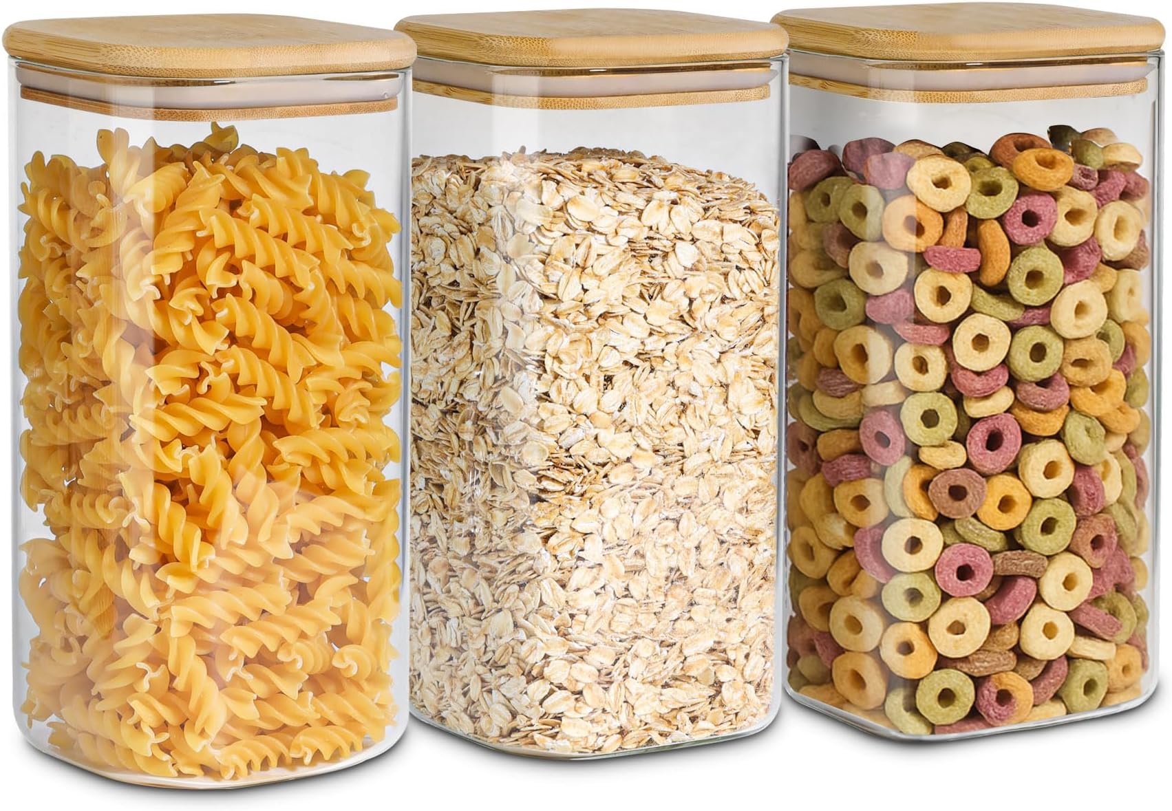 ComSaf Airtight Glass Storage Canister with Wood Lid (50oz), Clear Food Storage Container Jar with Sealing Bamboo Lid for Noodles Flour Cereal Rice Sugar Tea Coffee Beans, Set of 3