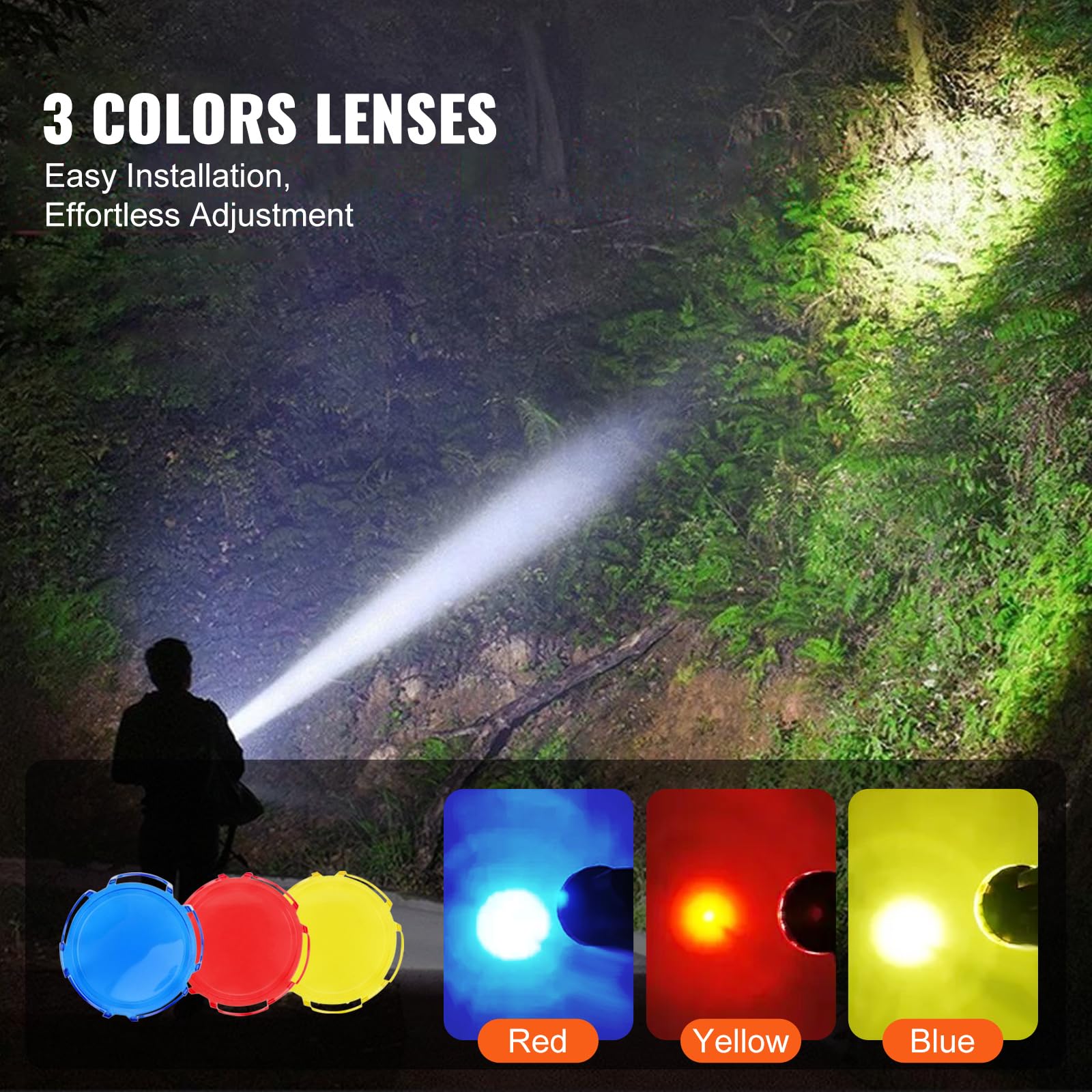 VEVOR Lampe Torche LED Ultra Puissante, 1000000 lm, Lampe de Poche Rechargeable Portable Étanche IP67 avec 4 Modes, Objectif Amovible, Port USB, pour Chasse, Bateau, Camping, Spéléologie, Extérieur