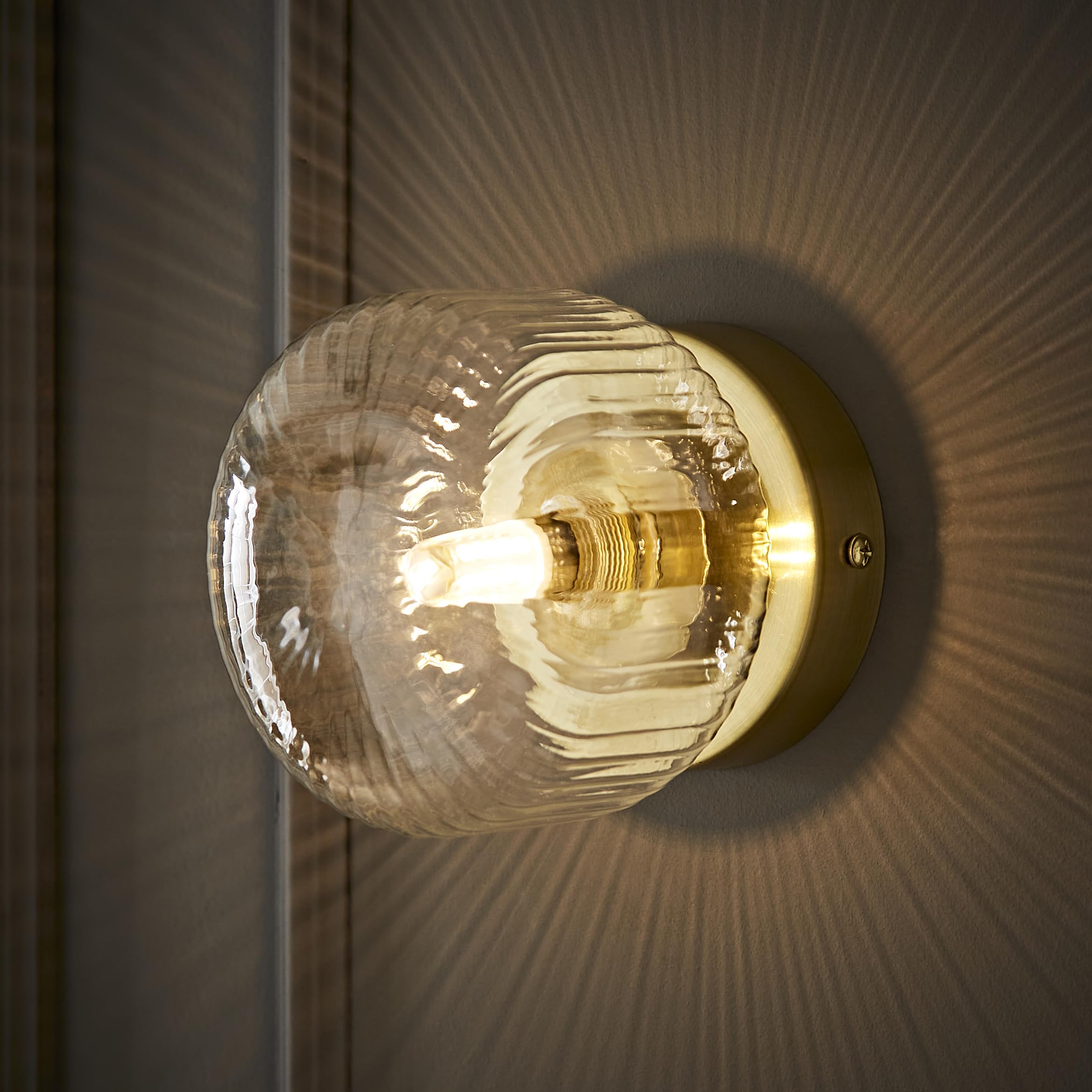 Valuelights Calpe Brushed Gold Flush Wall Light With Ribbed Clear Shade And Bulb from B&Q