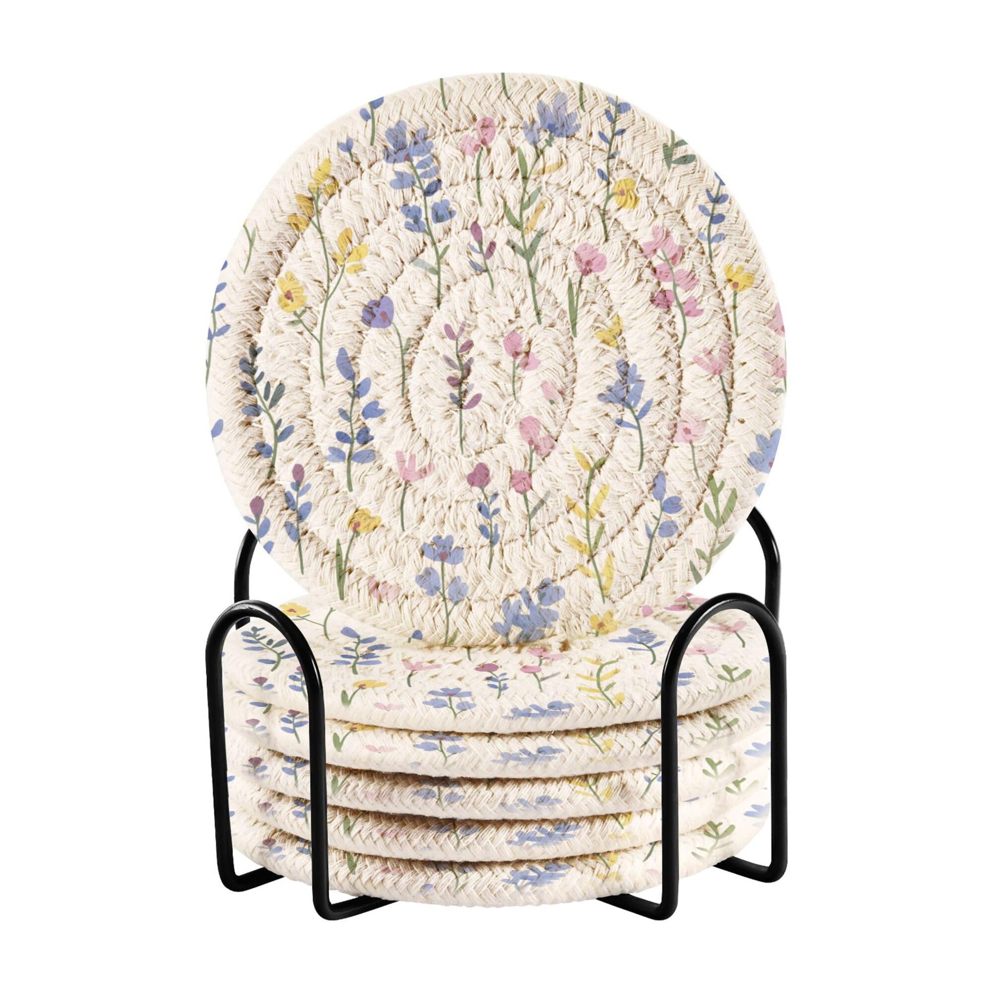 Smazdfxx Women's As Pic Spring Flowers Iris White Cotton Rope Coasters Set Of 6 With Holder Coasters