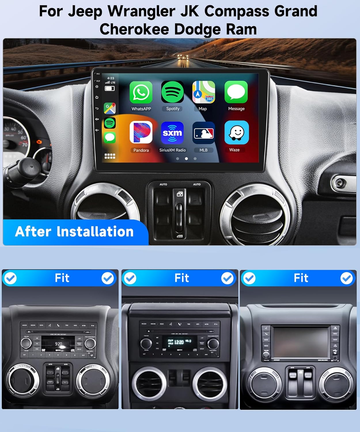 2+64G For Jeep Wrangler JK Compass Grand Cherokee Dodge Ram 1500 Car Radio Wireless Carplay/Android Auto,Android Car Stereo 10 Inch Touch Screen GPS WiFi Bluetooth FM Mirror Link SWC+Backup Camera&Mic