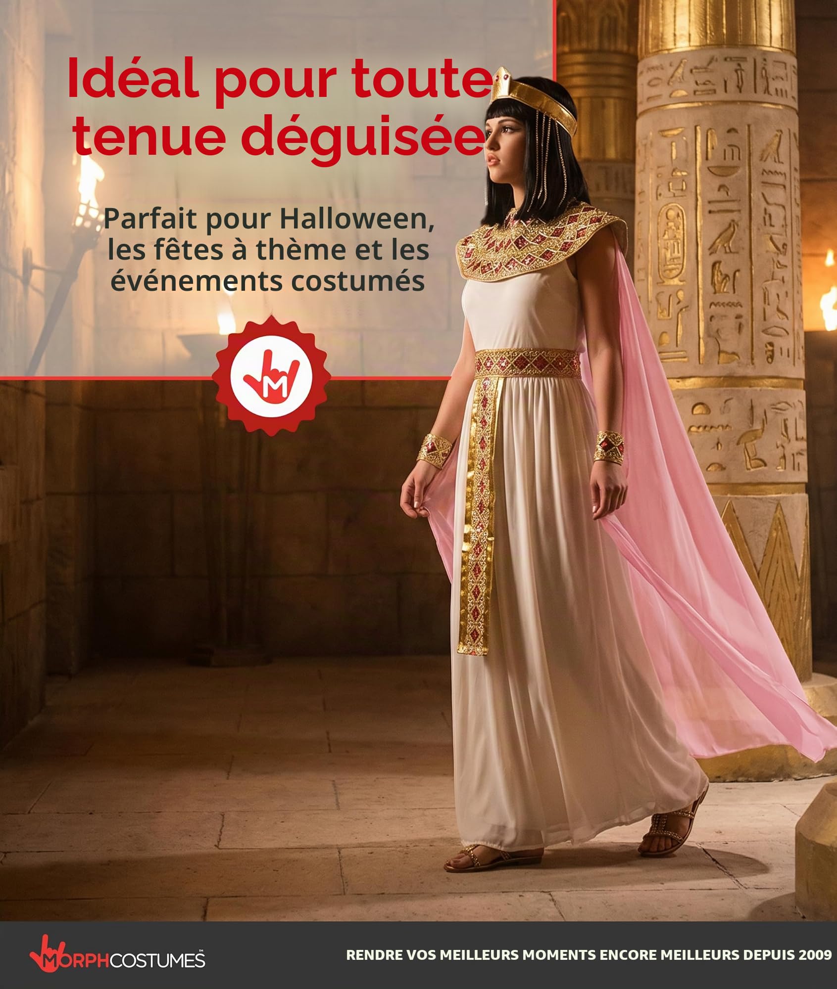 Morph Deguisement Cleopatre Femme, Costume Egyptien Halloween Femme | Robe, Collier, Coiffe, Cape & Bracelets, Reine d'Égypte, Parfait pour Halloween, Idéal pour se Déguiser