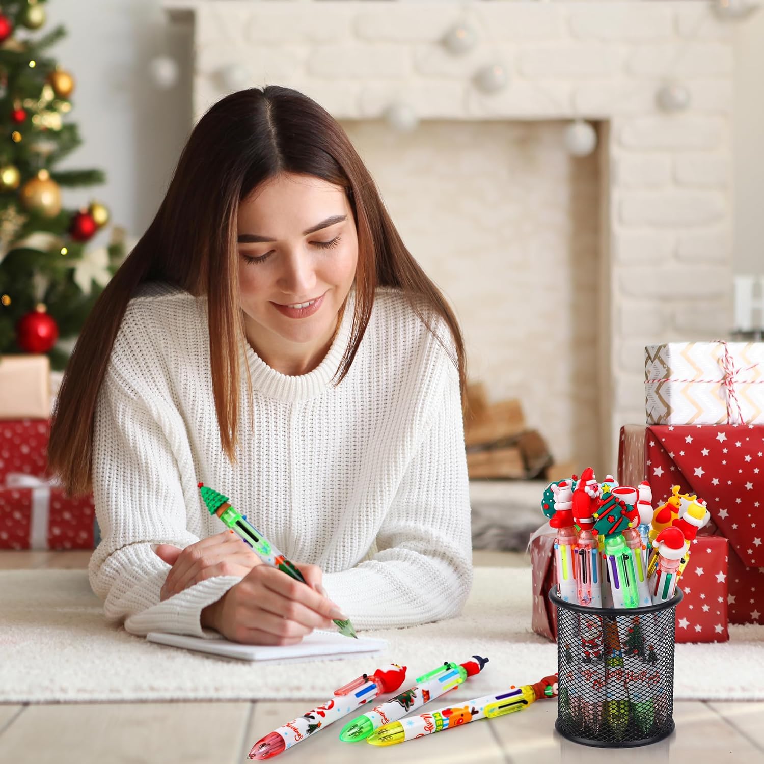 Aodaer 60 Pieces Christmas Ballpoint Pens 6-In-1 Multicolor Retractable Ballpoint Pens Christmas Tree Snowman Reindeer Santa Claus Christmas Party Gifts for Office