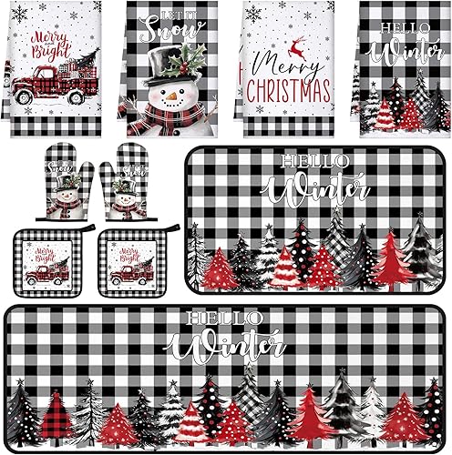 Juego de 10 piezas de decoración de cocina navideña, 4 paños de cocina a cuadros blancos y negros, 2 soportes para ollas de granja, 2 guantes de