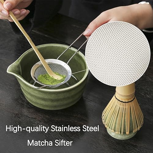 Miniatura 4 de Juego de matcha, cuenco de matcha con boquilla, batidor de matcha y soporte, cuchara de matcha de bambú y tamiz inoxidable, juego de 5 piezas de