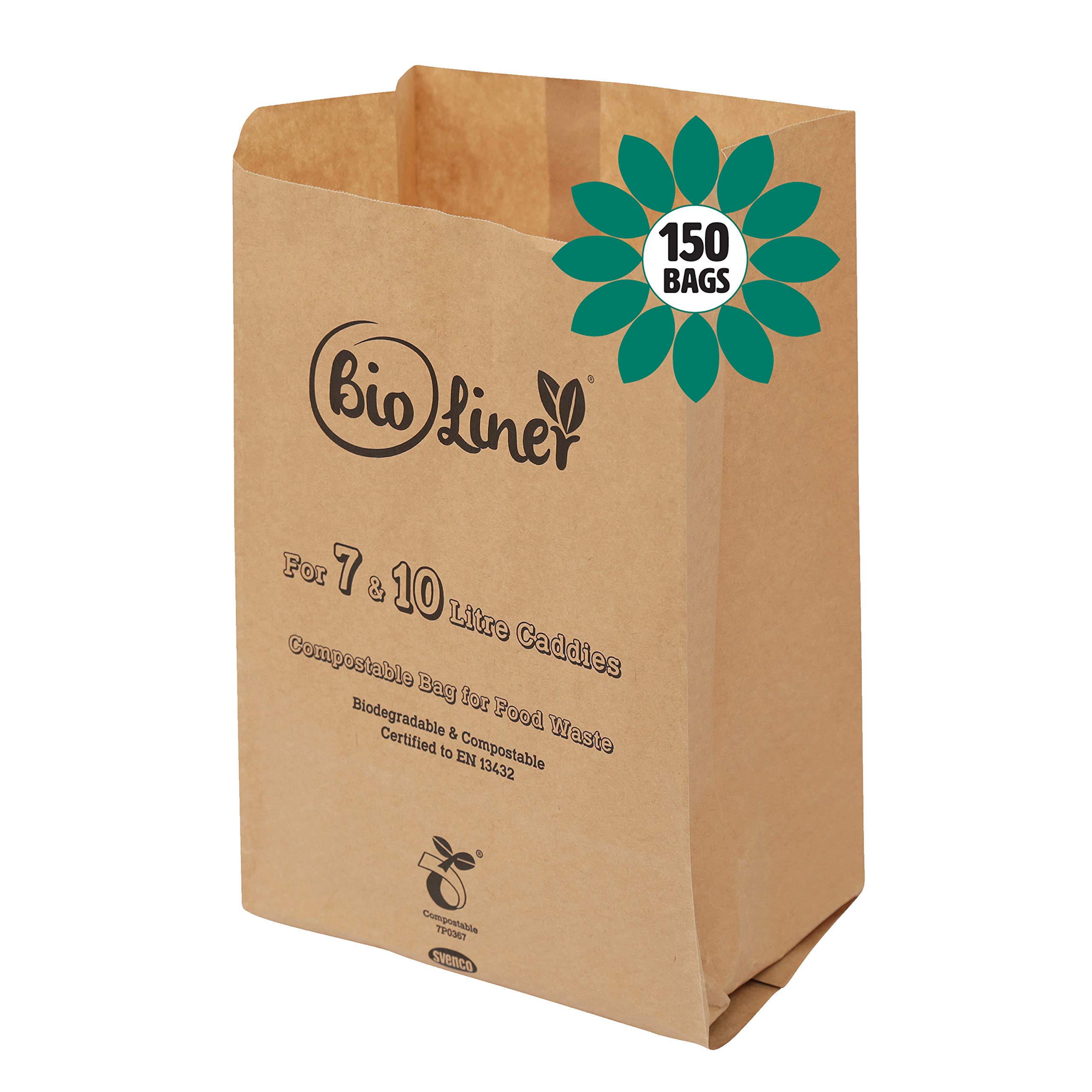 7L & 10L - 150 x Paper - Compostable Brown Caddy Food Waste Bin Liners/Bin Bags