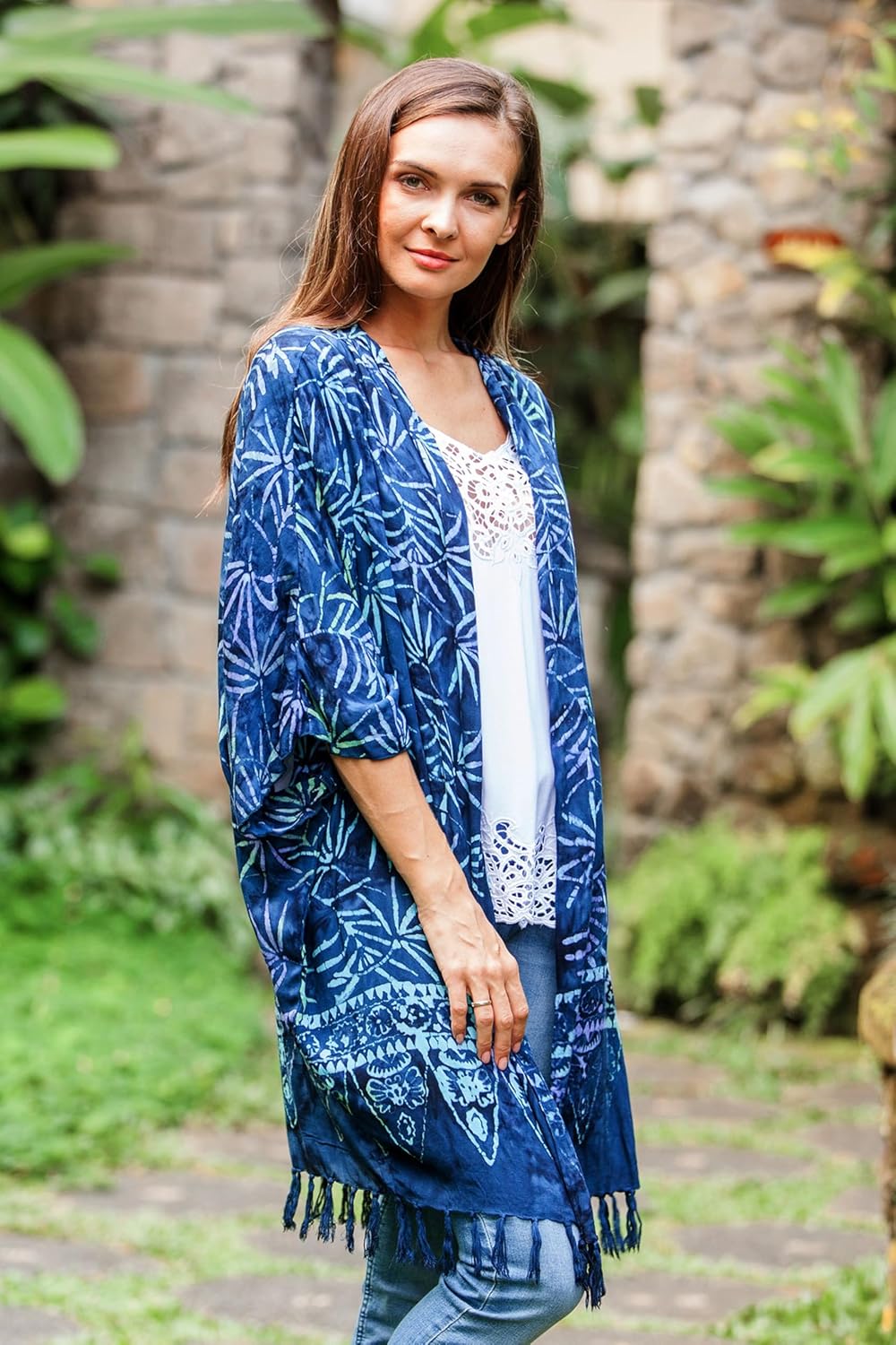 NOVICA Artisan Handmade Batik Rayon Kimono Jacket Leaf Motif in Blue from Bali Clothing Printed Indonesia Tree Bohemian ' Denpasar Lady in Blue'