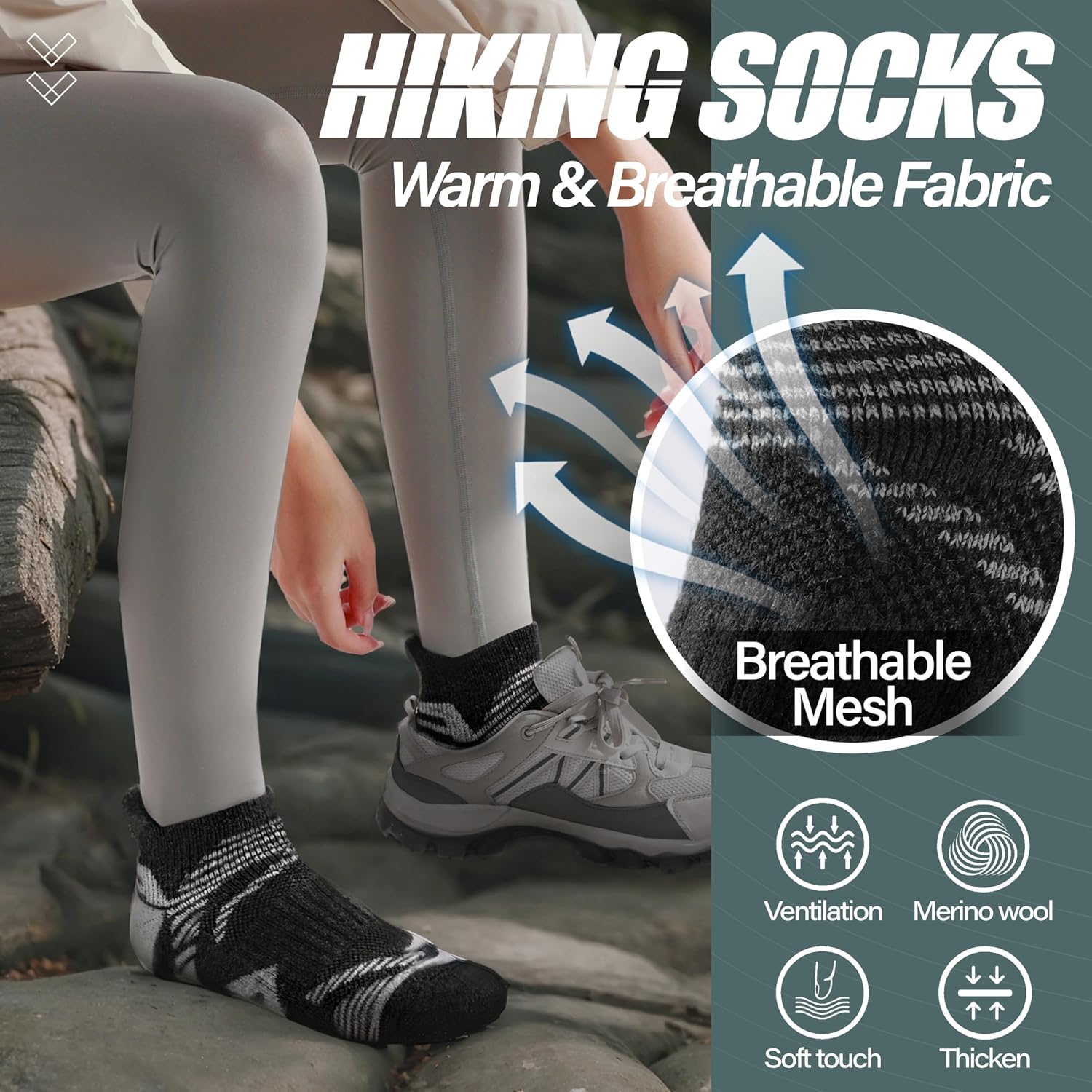 ANTSANG 6 Pairs Merino Wool Ankle Hiking Running Socks Compression Thick Cushion Breathable No Show Socks for Men Women