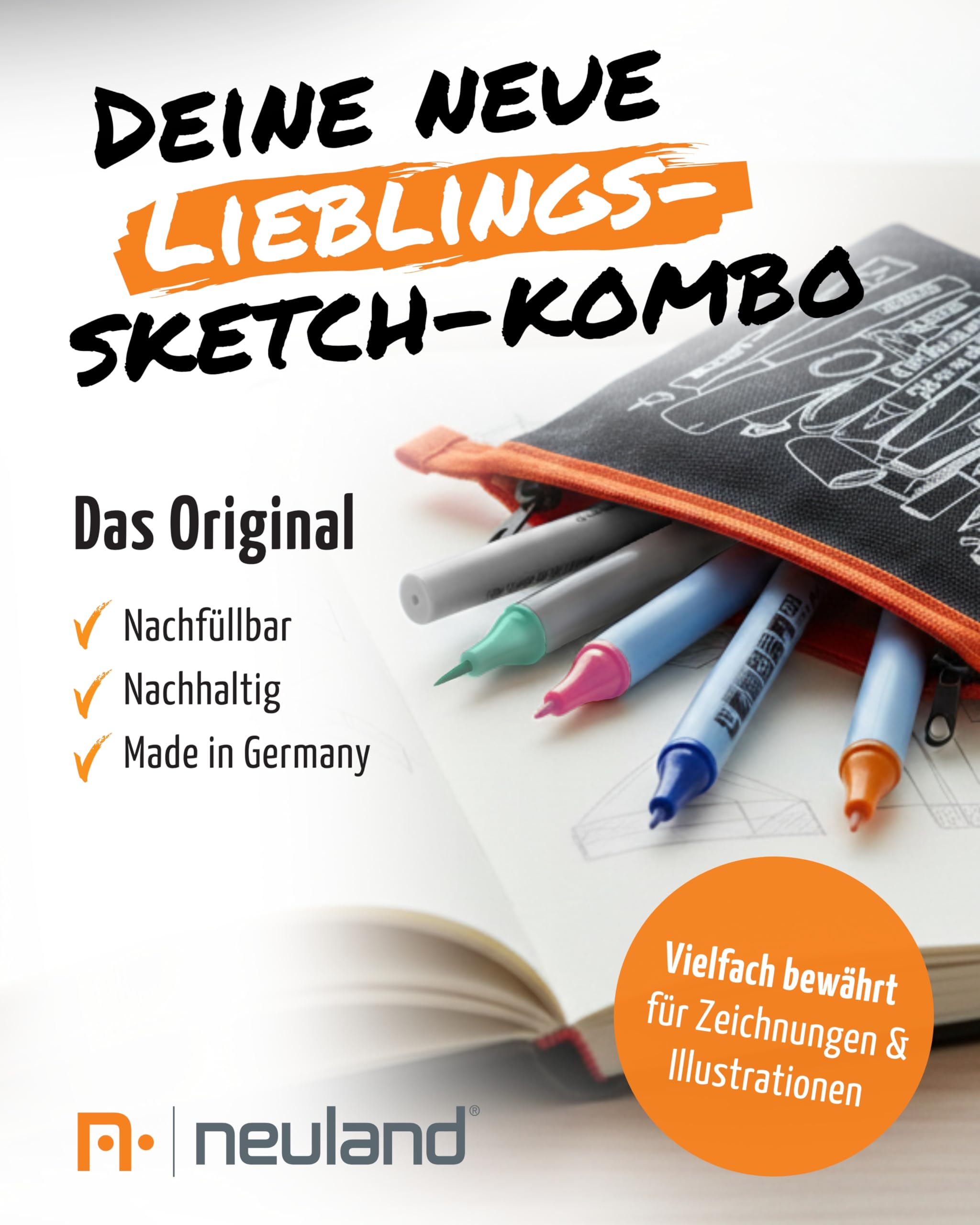 Neuland Creative Sketch Set I 3x FineOne Art 0,5-5 mm & 4x FineOne Flex 0,5-3 mm Marker I Inkl. mySketchbook Notizbuch in Schwarz & Baumwoll-Mäppchen I Ergonomische & nachfüllbare Flipchartmarker