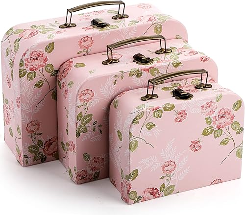 Miniatura 4 de Fasmov Paquete de 3 maletas de cartón, cajas de almacenamiento decorativas, cajas de regalo con tapas para almacenamiento de fotos, decoración del