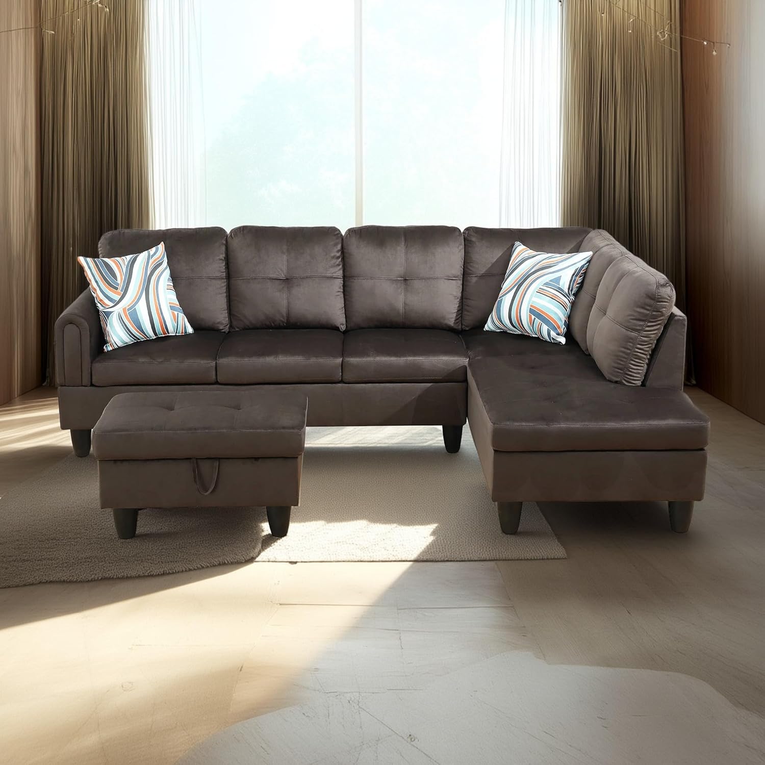 Leather L-Shape Sectional Sofa Set, 3 Piece Microfiber Couch with Storage Ottoman & Right Chaise Lounge, 97" Button Tufted Upholstered Corner Couch for Home, Living Room, Apartment, Brown