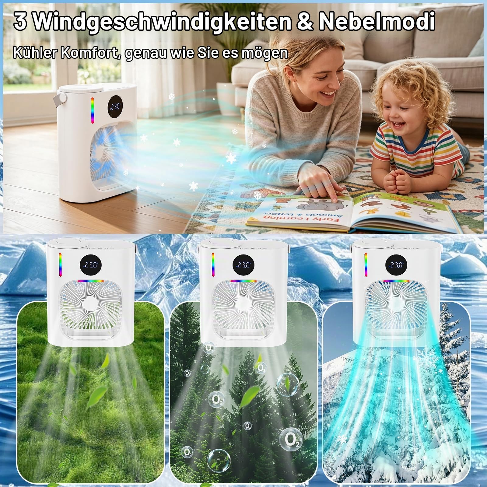 Mobile Klimaanlage, 4 in 1 Tragbare Luftkühlgerät Leise Mobile Klimaanlage mit 900ml Wasserbehälter, 3 Geschwindigkeiten, Mini Klimatisierung für Schlafzimmer und Outdoor Camping(Weiß)