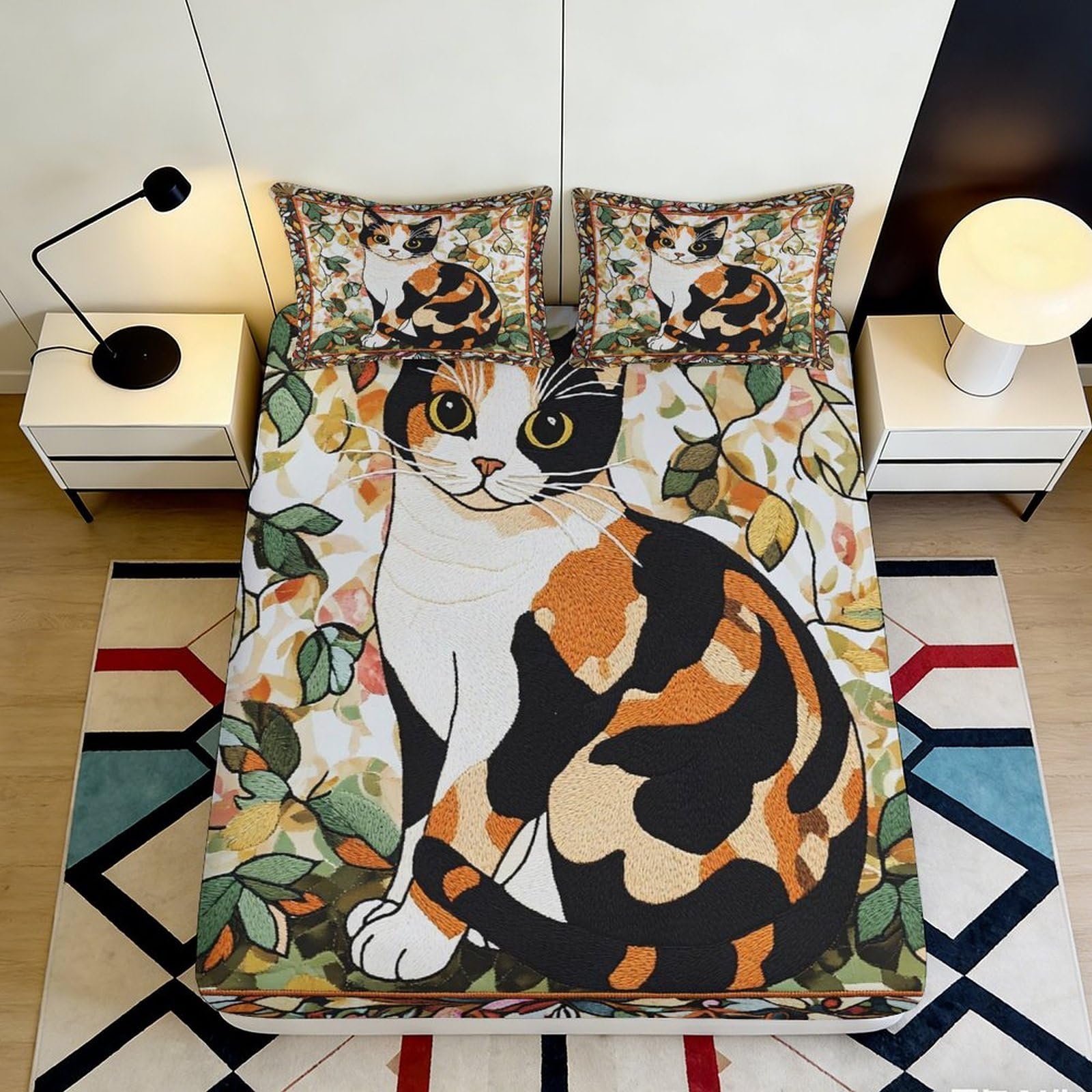 3D Printed Calico Cat Fitted Sheet Microfiber Soft Durable Autumn Leaves Bed Cover for Bedroom Dormitory Guest Room Mattress Protection Decor 140x200x25cm
